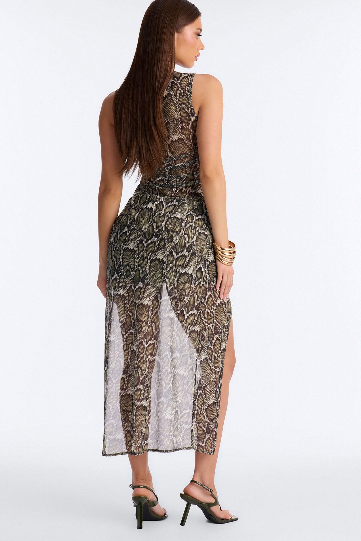 Samira Snake Mesh Asymmetrical Long Sleevless Top - Brown/combo