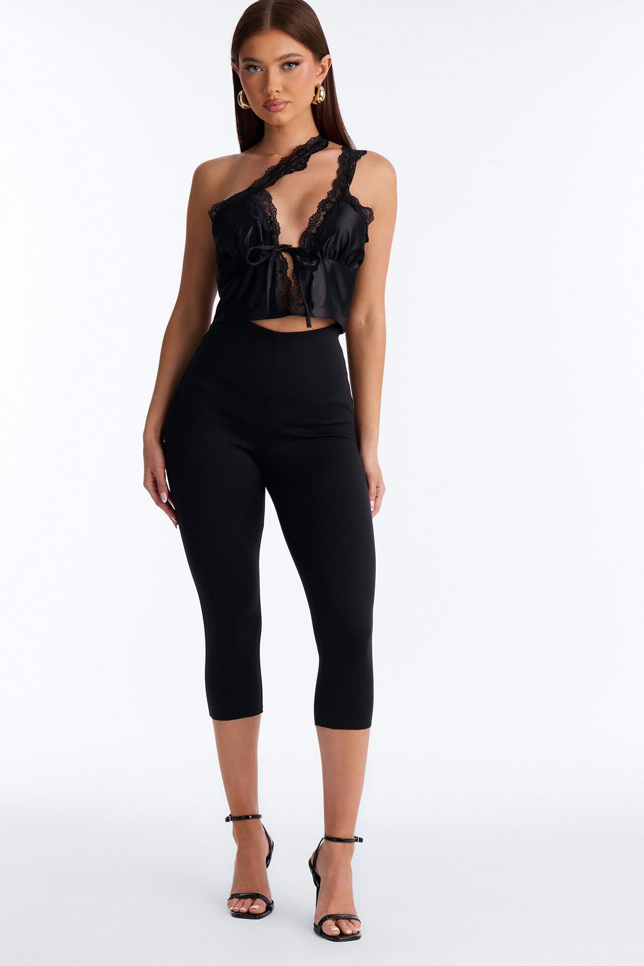 Melanie Satin Lace Trim One Shoulder Flyaway Top - Black