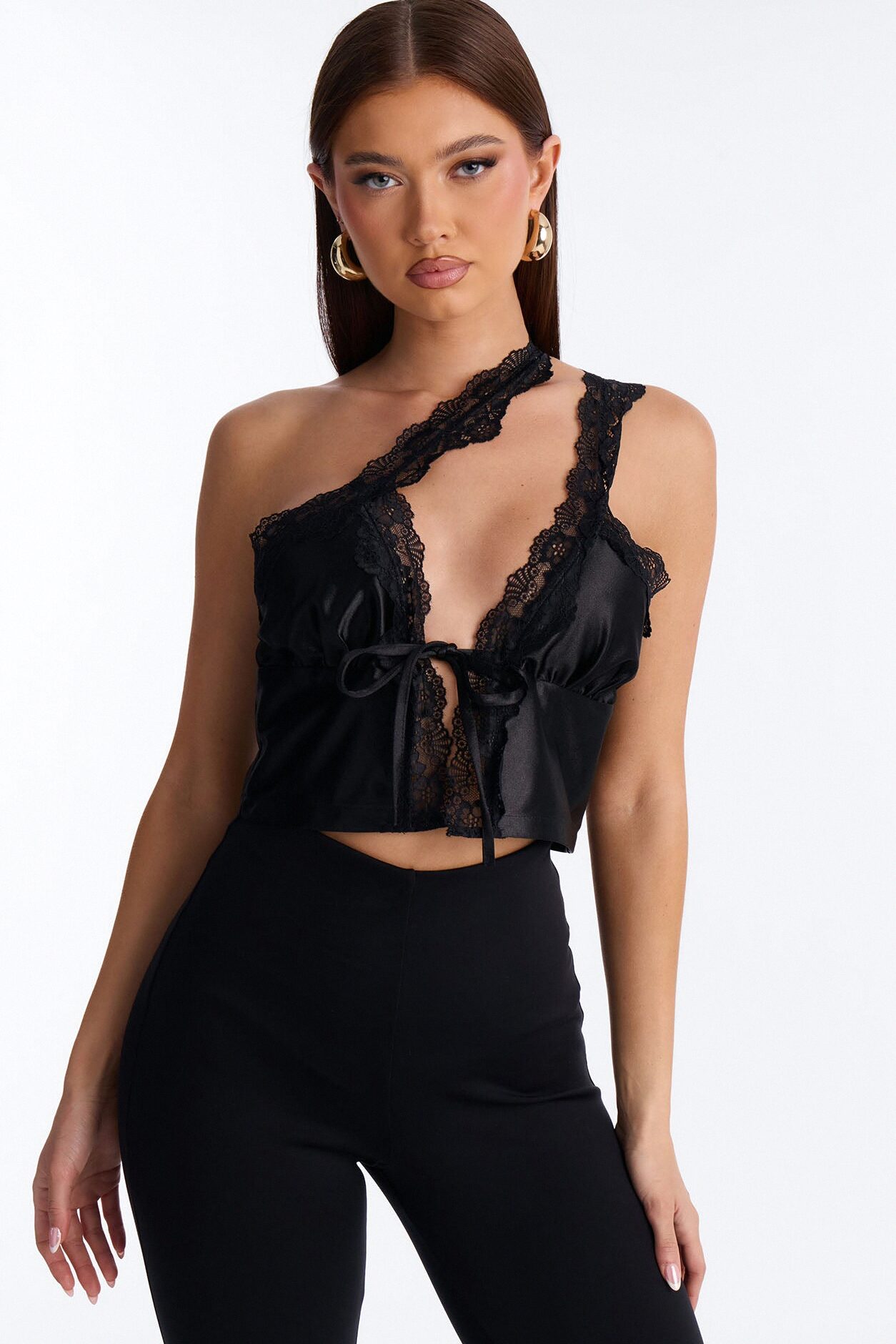 Melanie Satin Lace Trim One Shoulder Flyaway Top - Black
