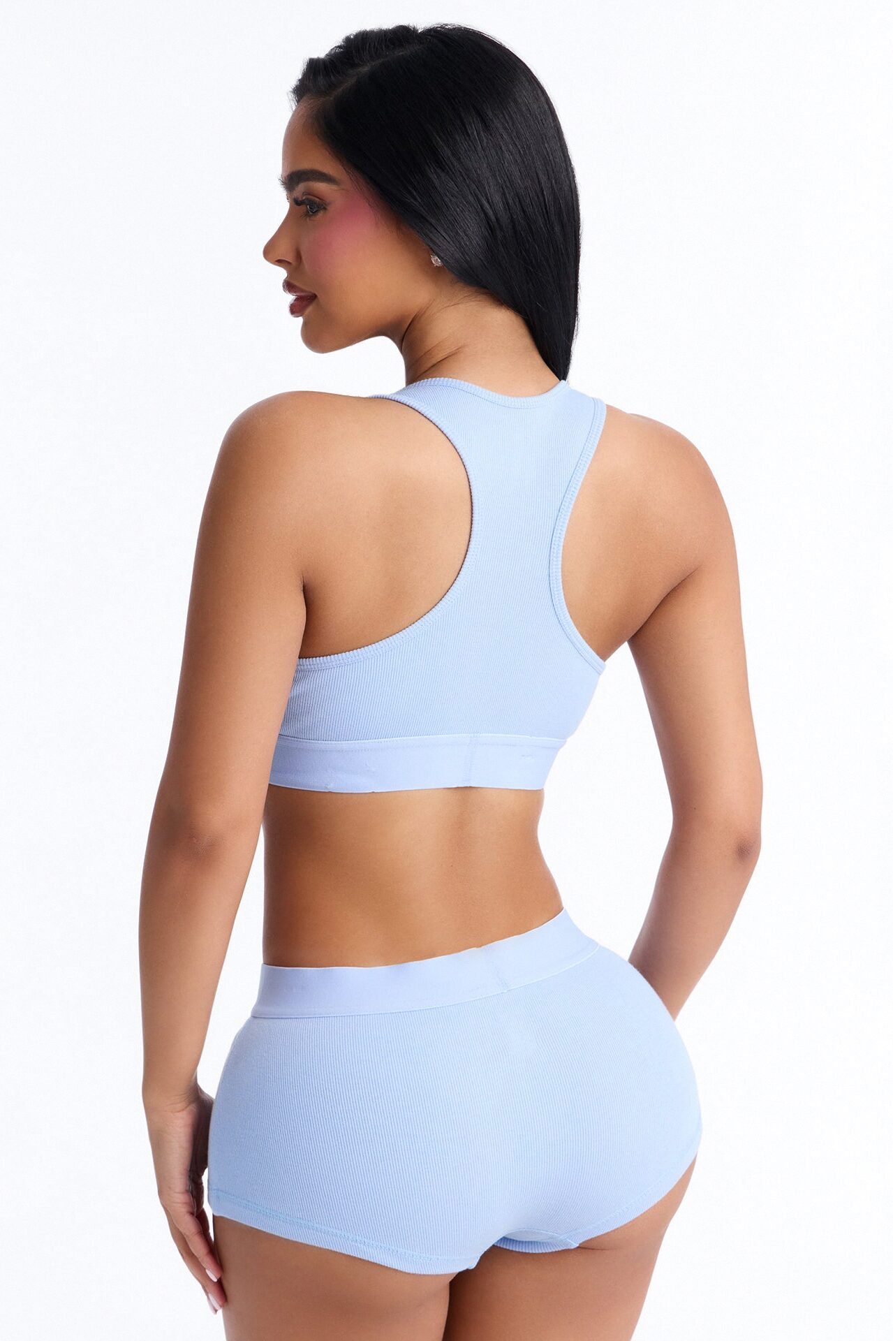 FN Mood Cotton Bralette Boxer Short Ribbed Set - Light Blue