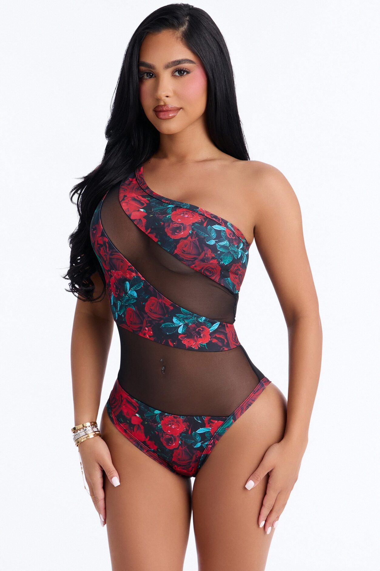 By The Coast Roses Mesh Cut Out One Shoulder 1 Piece Swimsuit - Red/combo