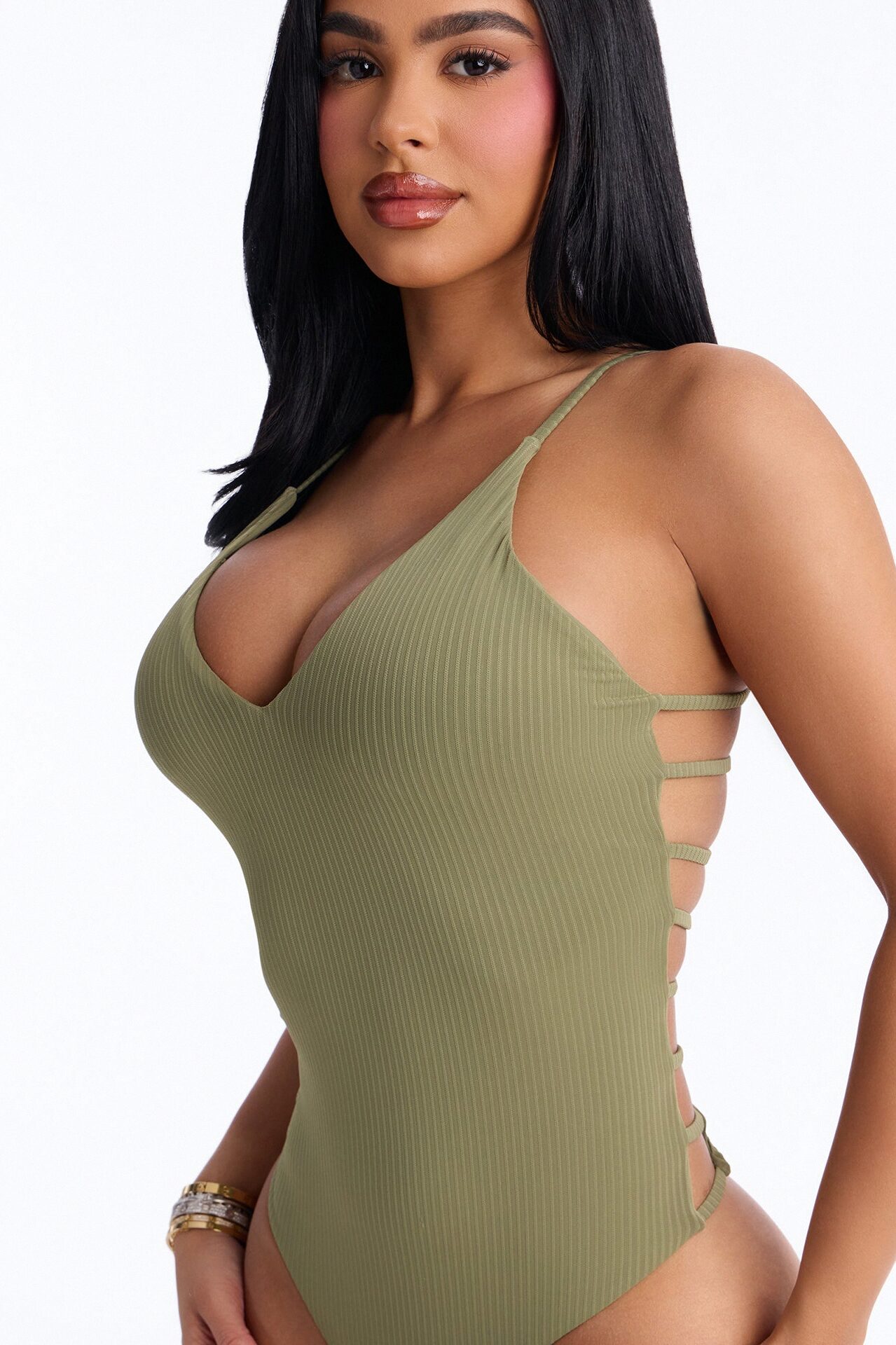 Quick Dip Side Cut Out Strappy Ribbed 1 Piece Swimsuit - Olive