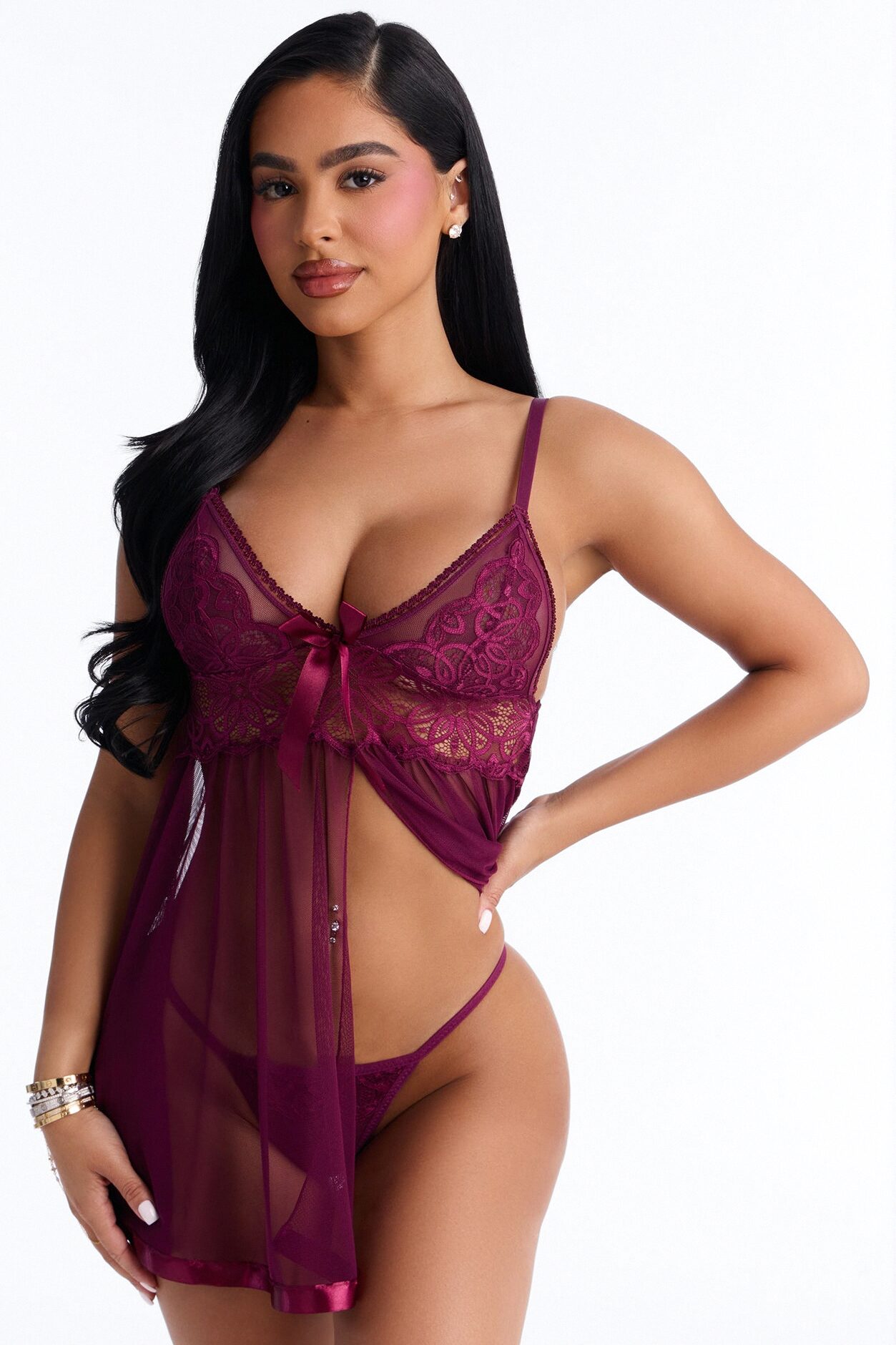 Must Be You Sheer Flyaway Lace Cup Babydoll - Purple