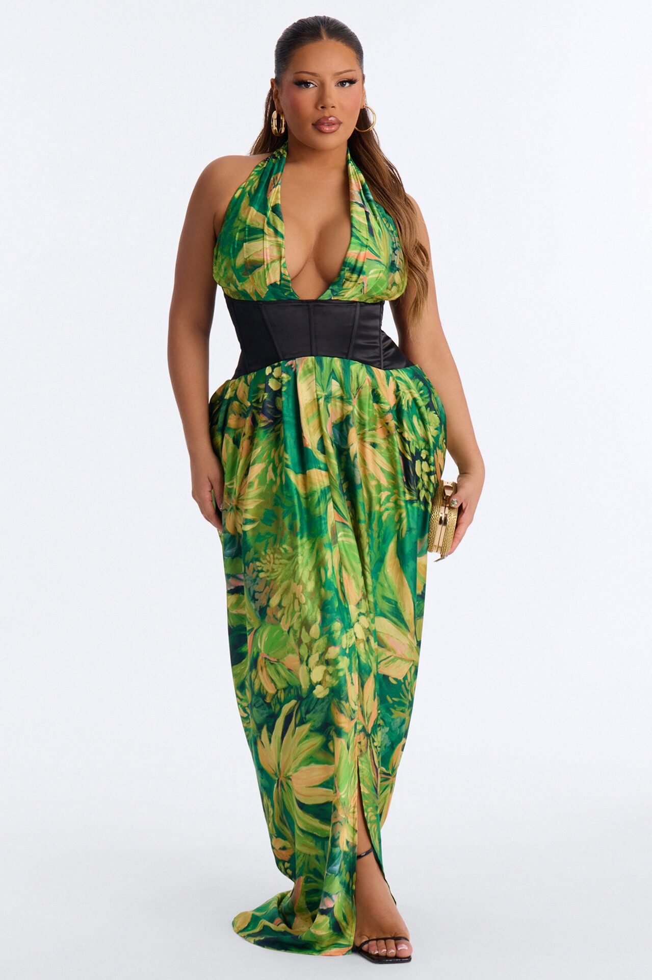 Samara Corset Satin Maxi Dress - Green/combo