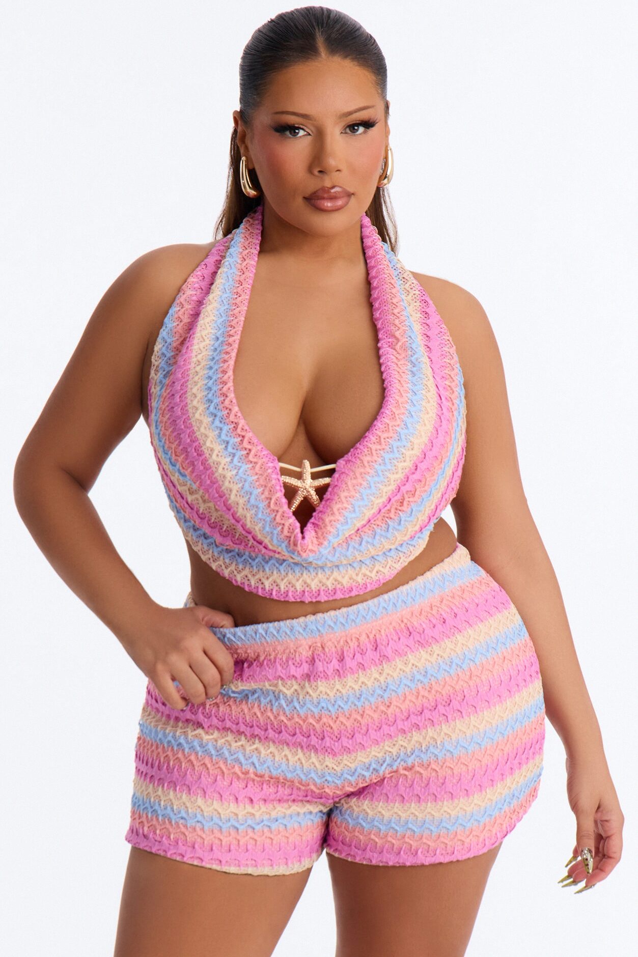 Maxine Crochet Halter Short Set - Pink/combo