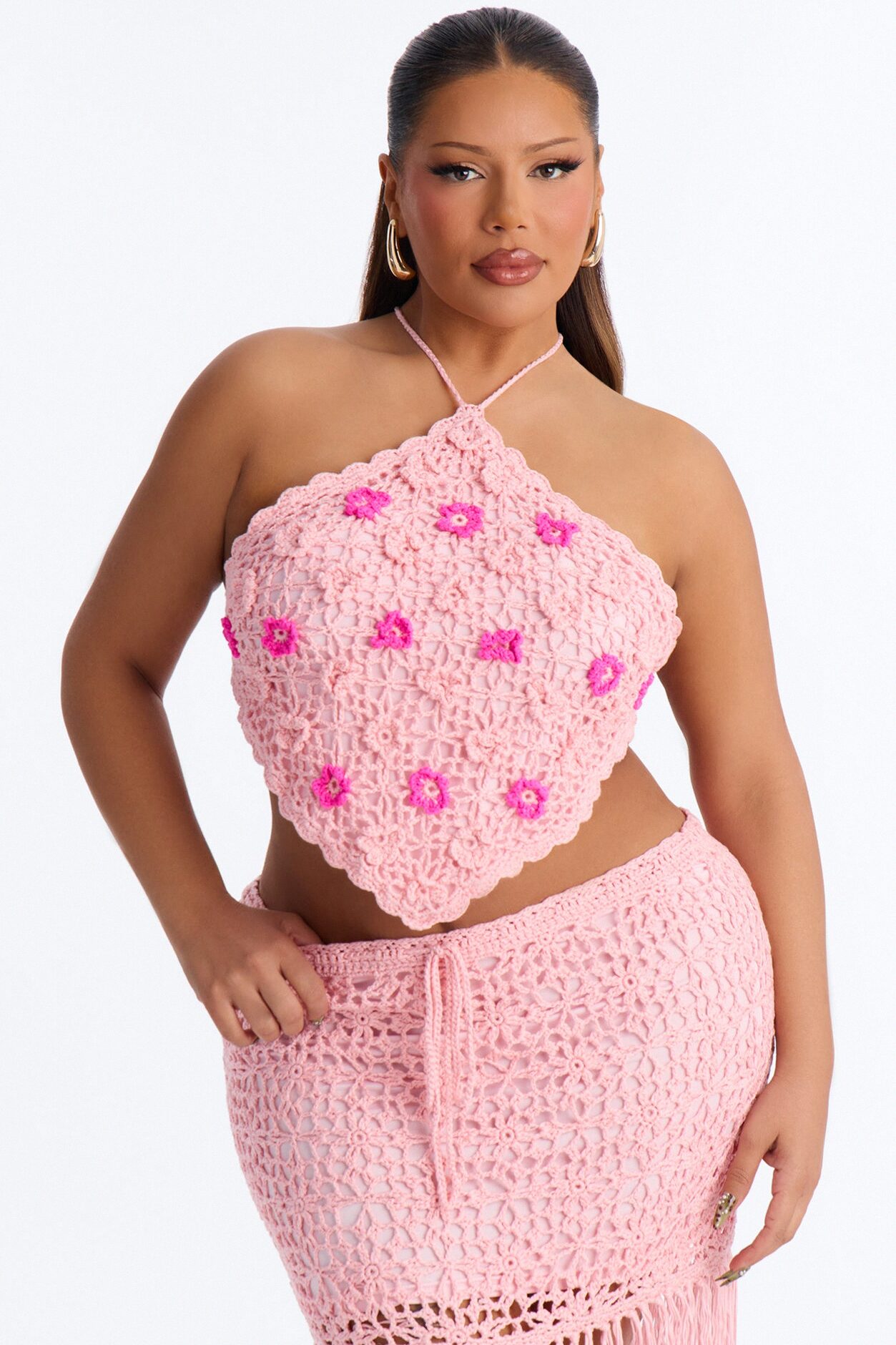 Floral Fringe Crochet Skirt Set - Pink