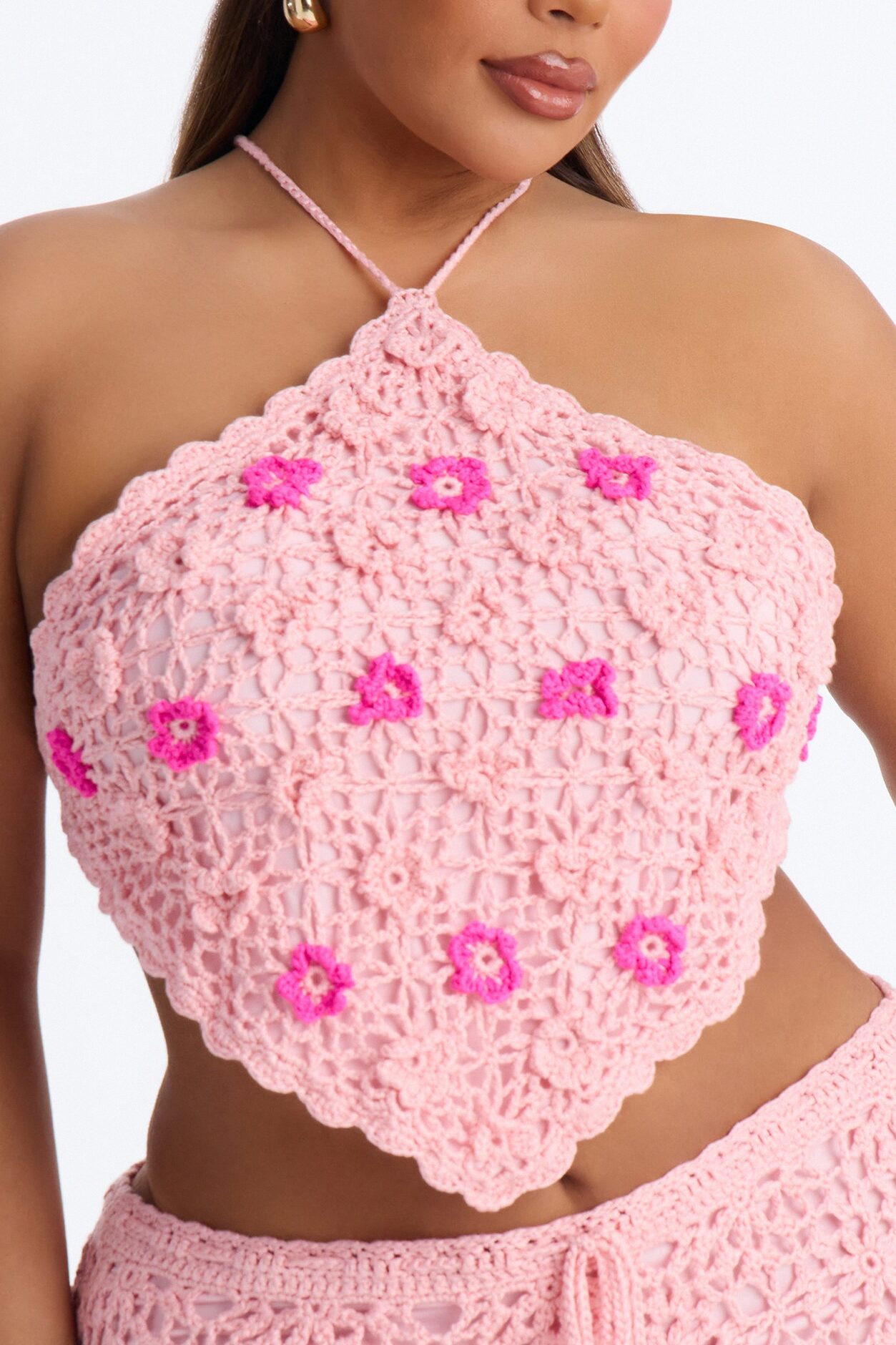 Floral Fringe Crochet Skirt Set - Pink