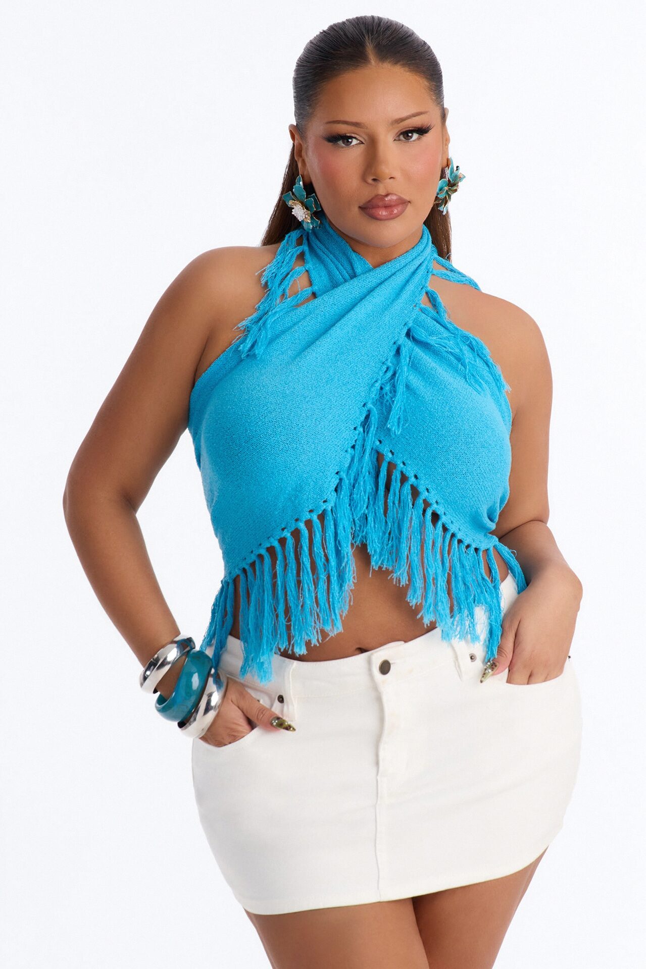 Living On Sunshine Fringe Sweater Halter Top - Blue