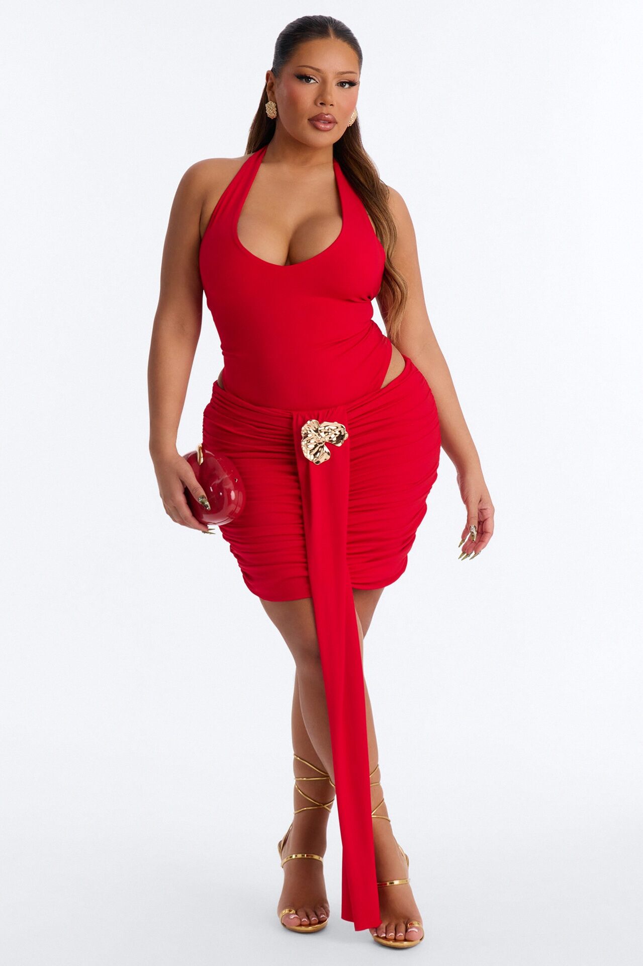 Dahlia Double Lined Bodysuit Skirt Set - Red