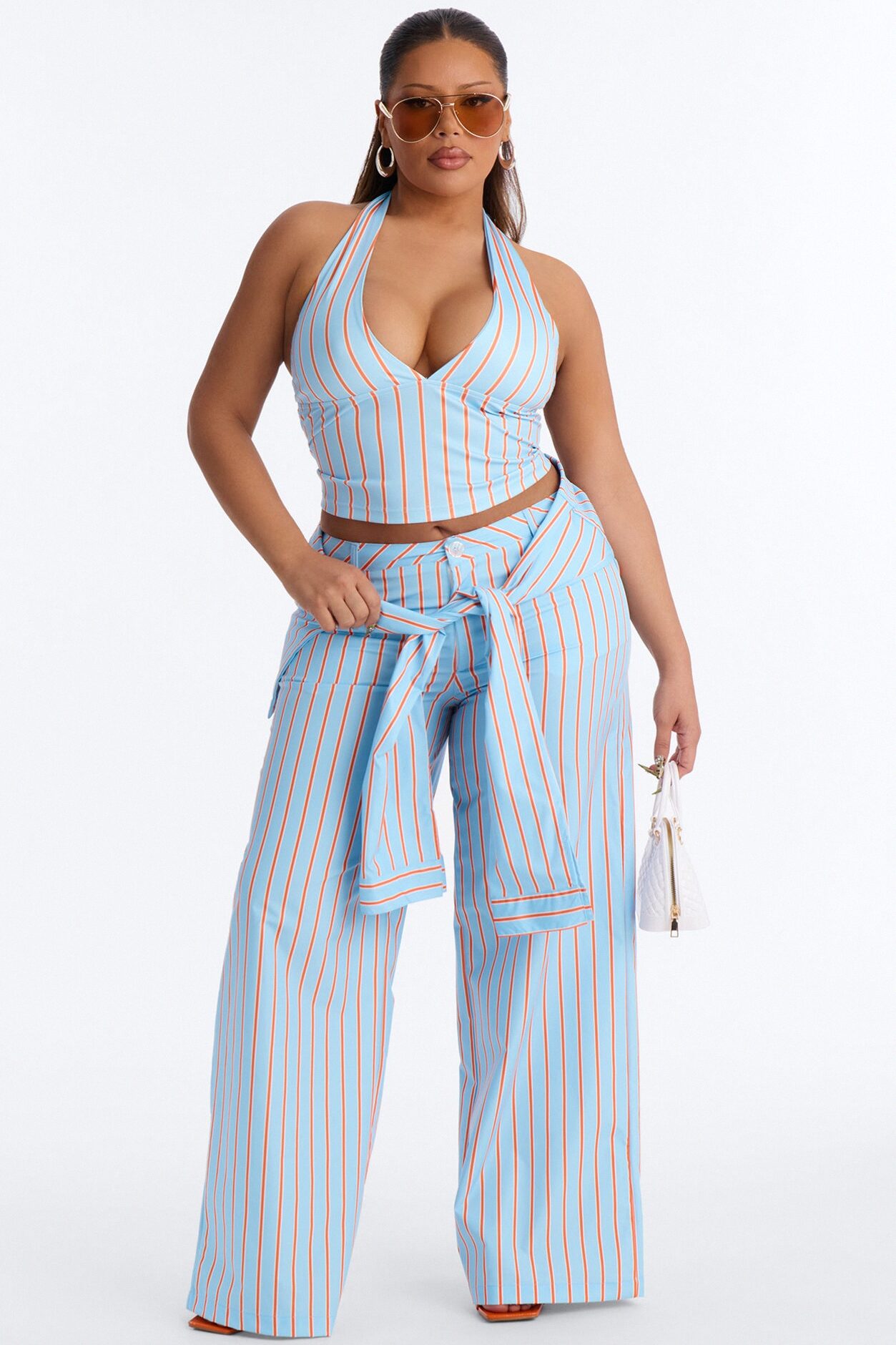 Darla Halter Stripe Tie Waist Pant Set - Blue/combo