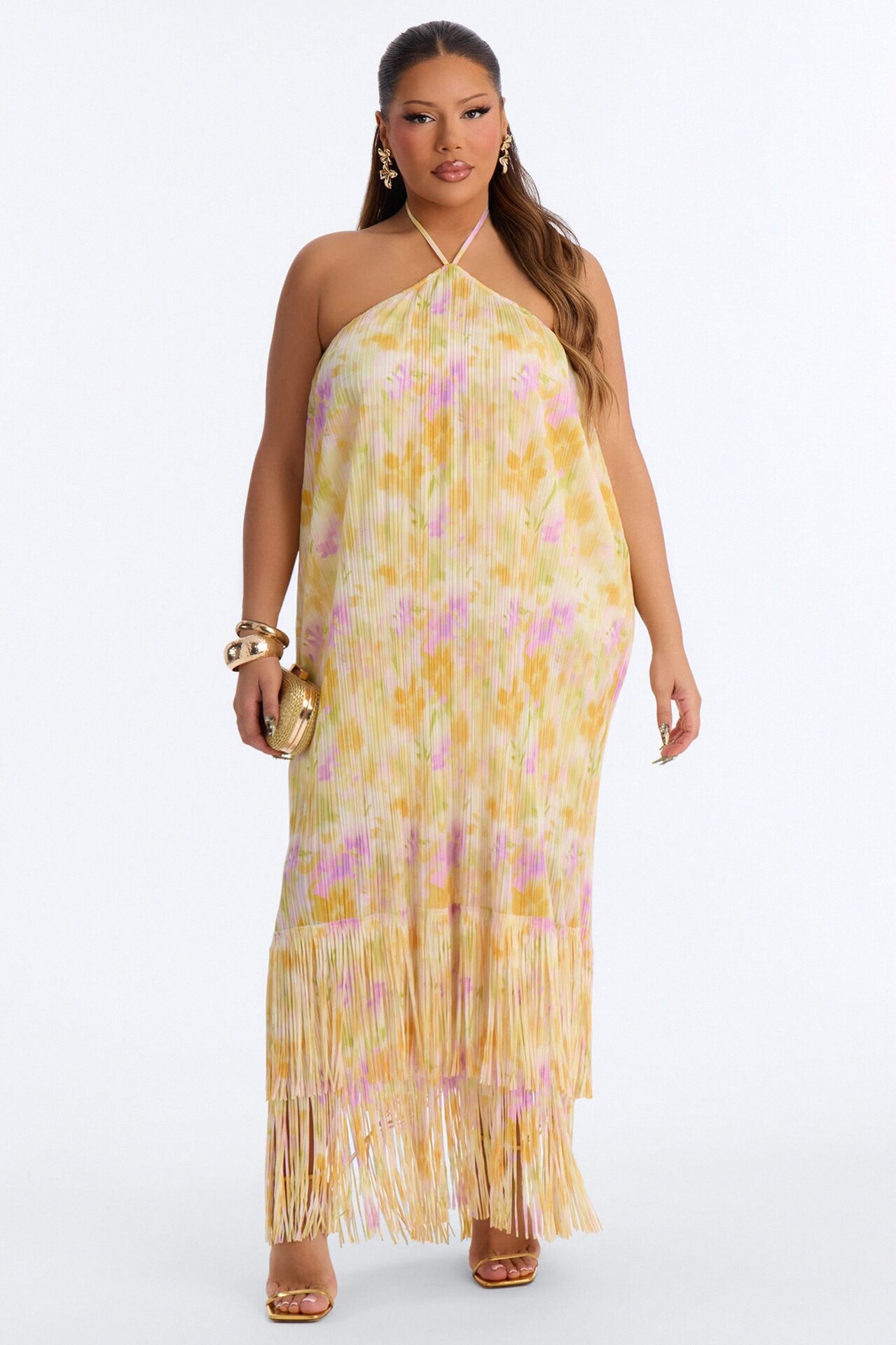 Arabella Plisse Fringe Halter Maxi Dress - Yellow/combo