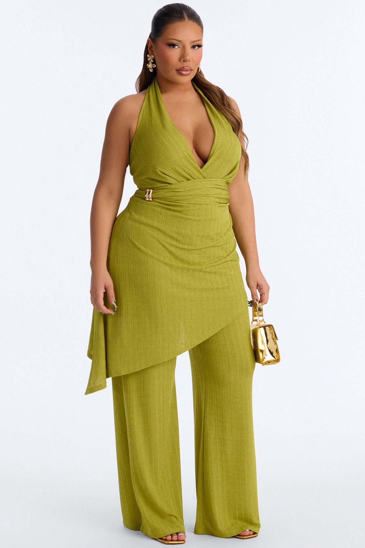 Malia Slinky Plunge Halter Pant Set - Chartreuse