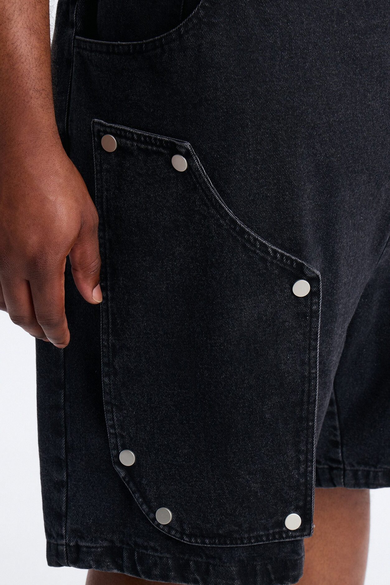 Baggy Utility Snap Panel Denim Short - Black Wash
