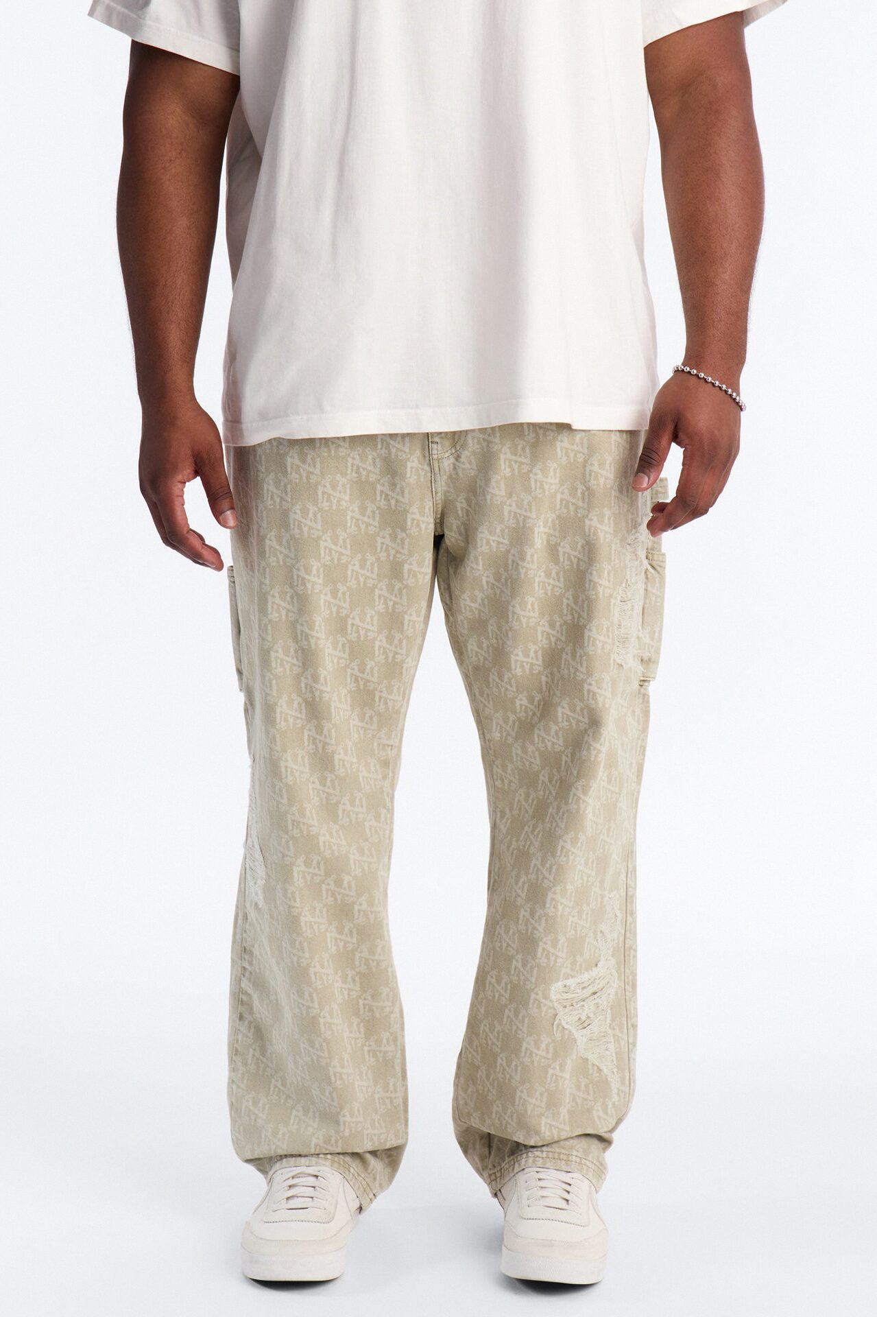 Straight Break Wide Monogram Distressed Jean - Sage