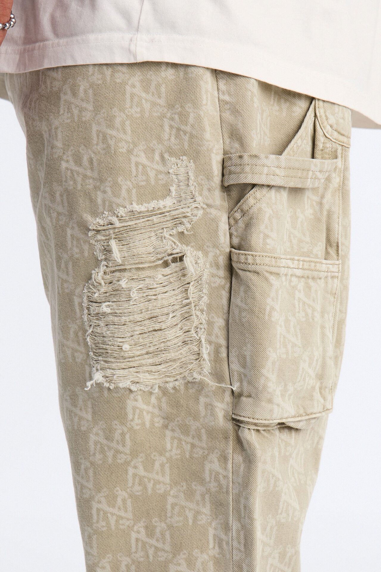 Straight Break Wide Monogram Distressed Jean - Sage