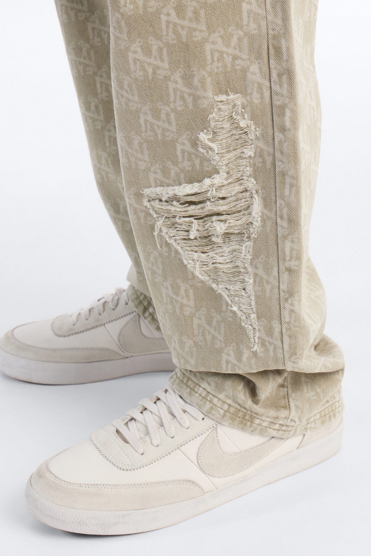 Straight Break Wide Monogram Distressed Jean - Sage