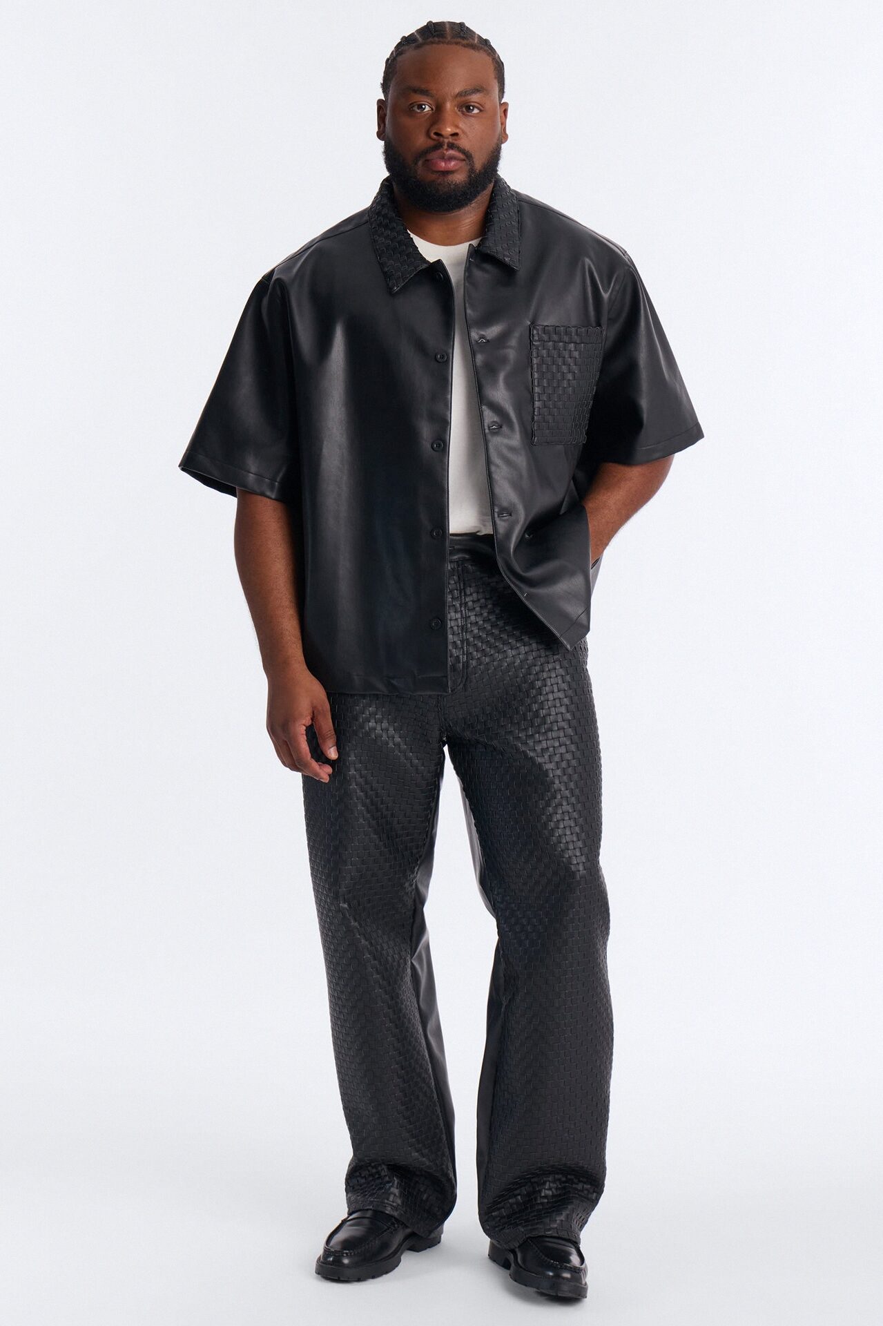 Dont Cross Me Weaved Faux Leather Cropped Shirt - Black