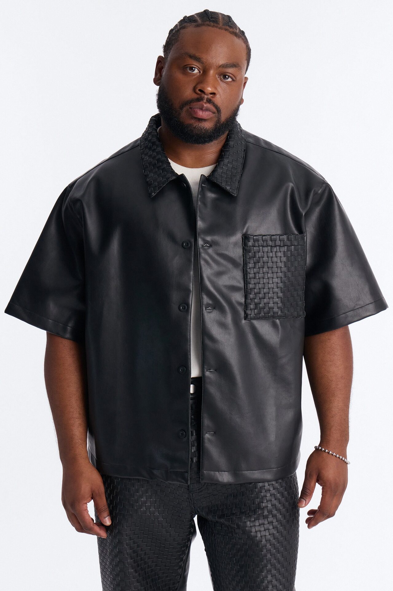 Dont Cross Me Weaved Faux Leather Cropped Shirt - Black