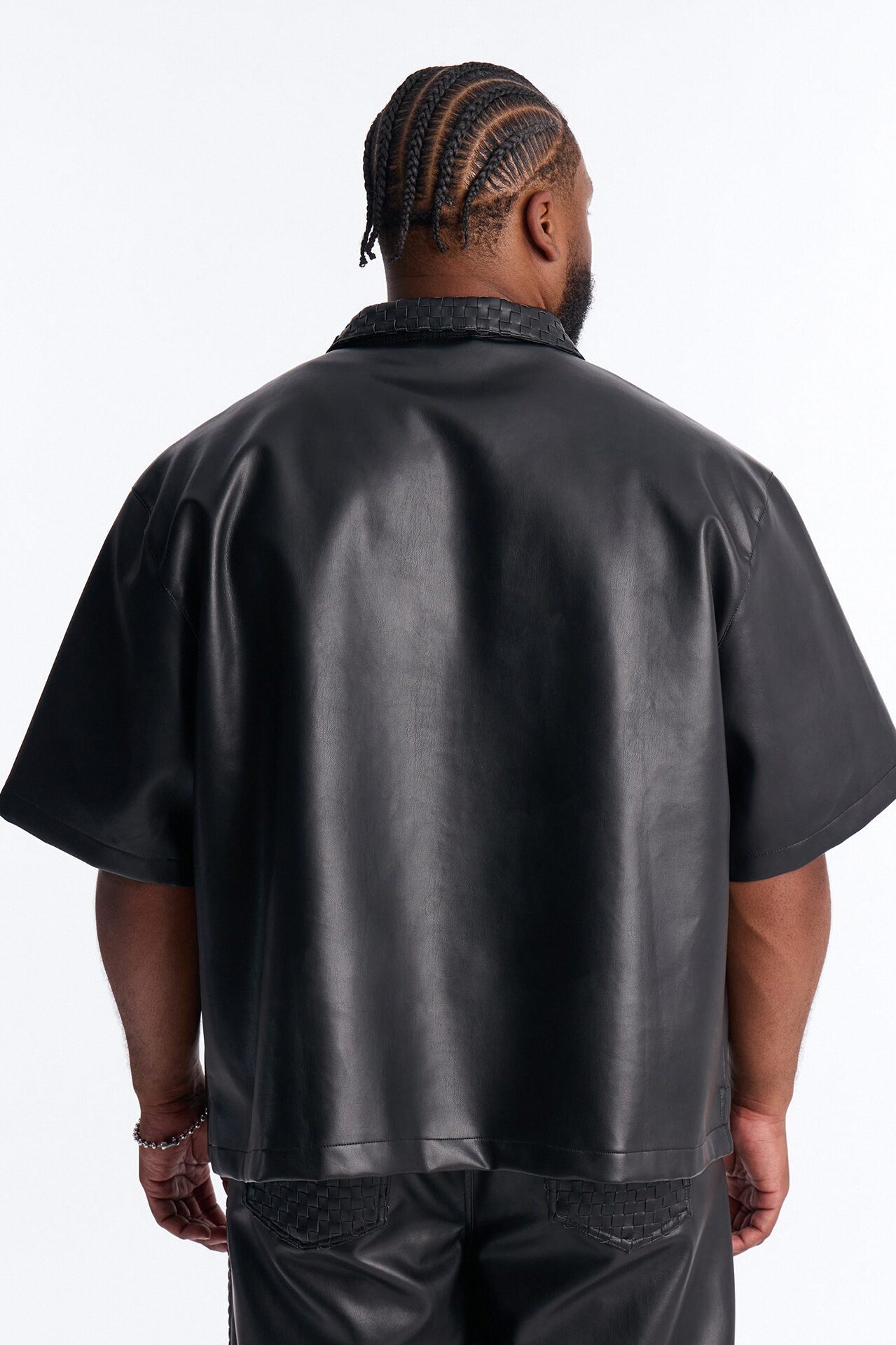Dont Cross Me Weaved Faux Leather Cropped Shirt - Black