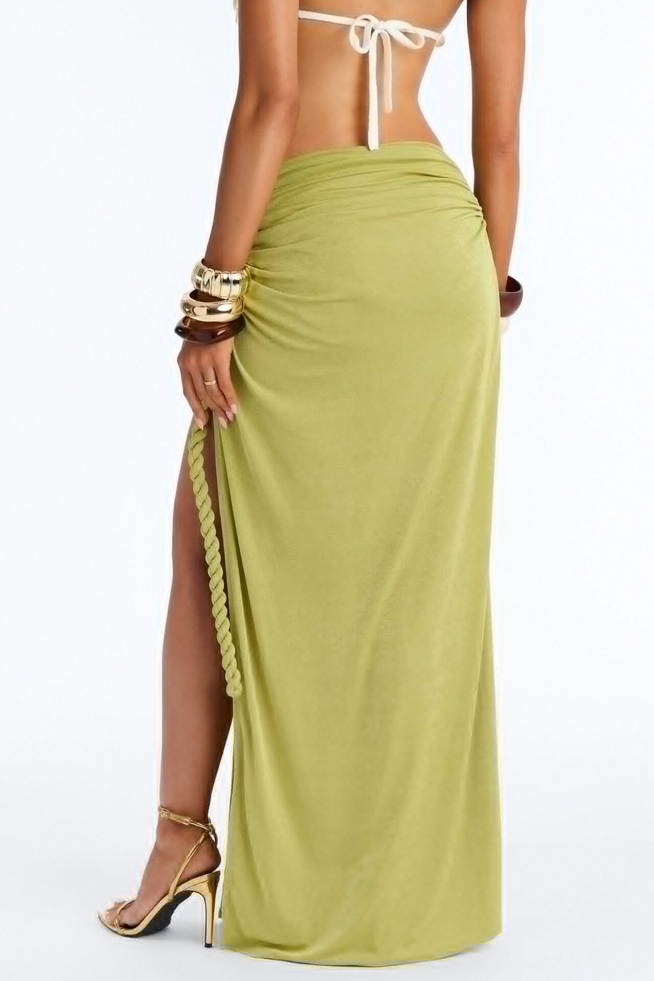 Athena Metallic Knit Rope Tie Maxi Skirt - Green