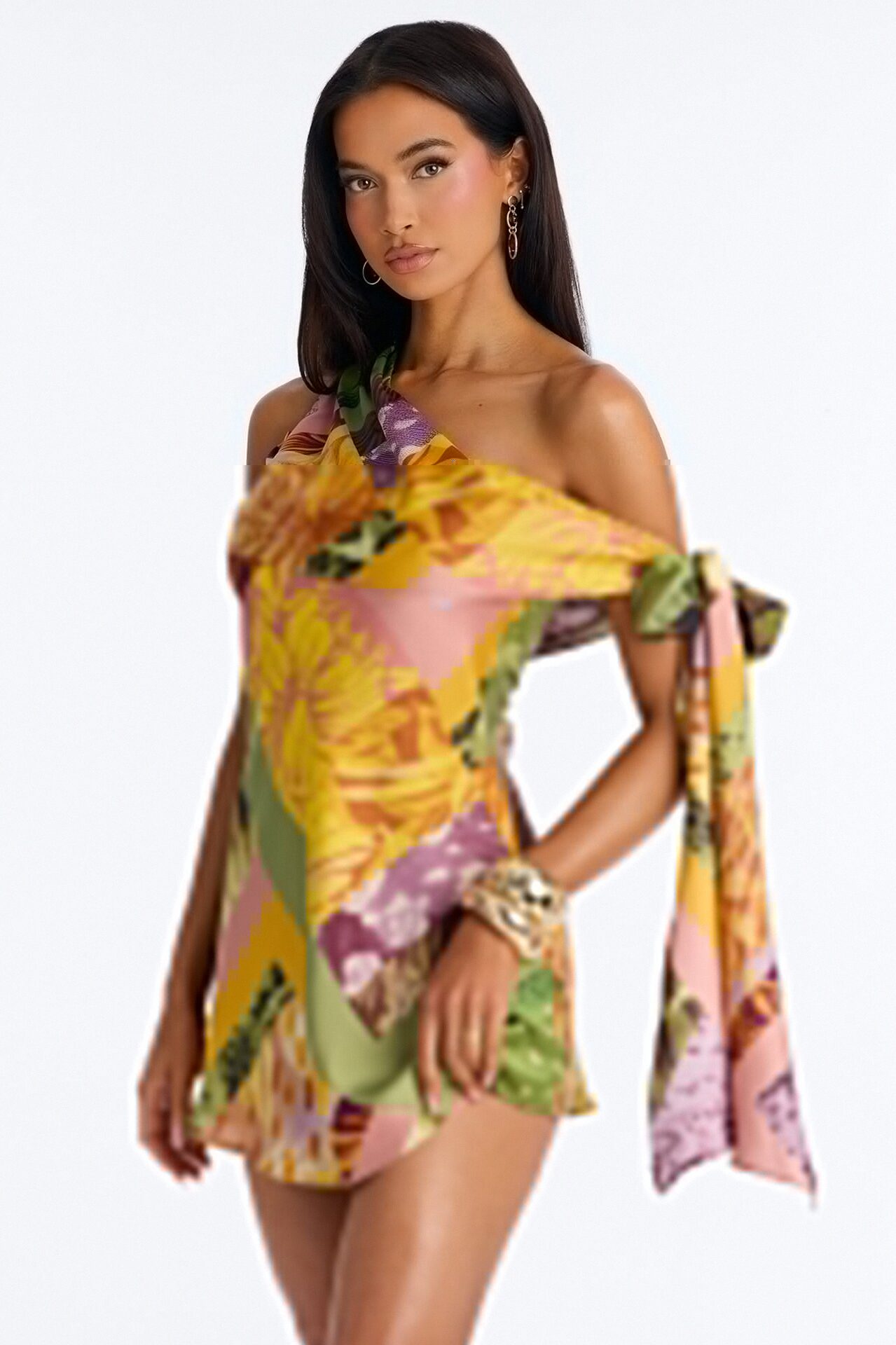 Daydreams Tropical Satin Mini Dress - Yellow/combo