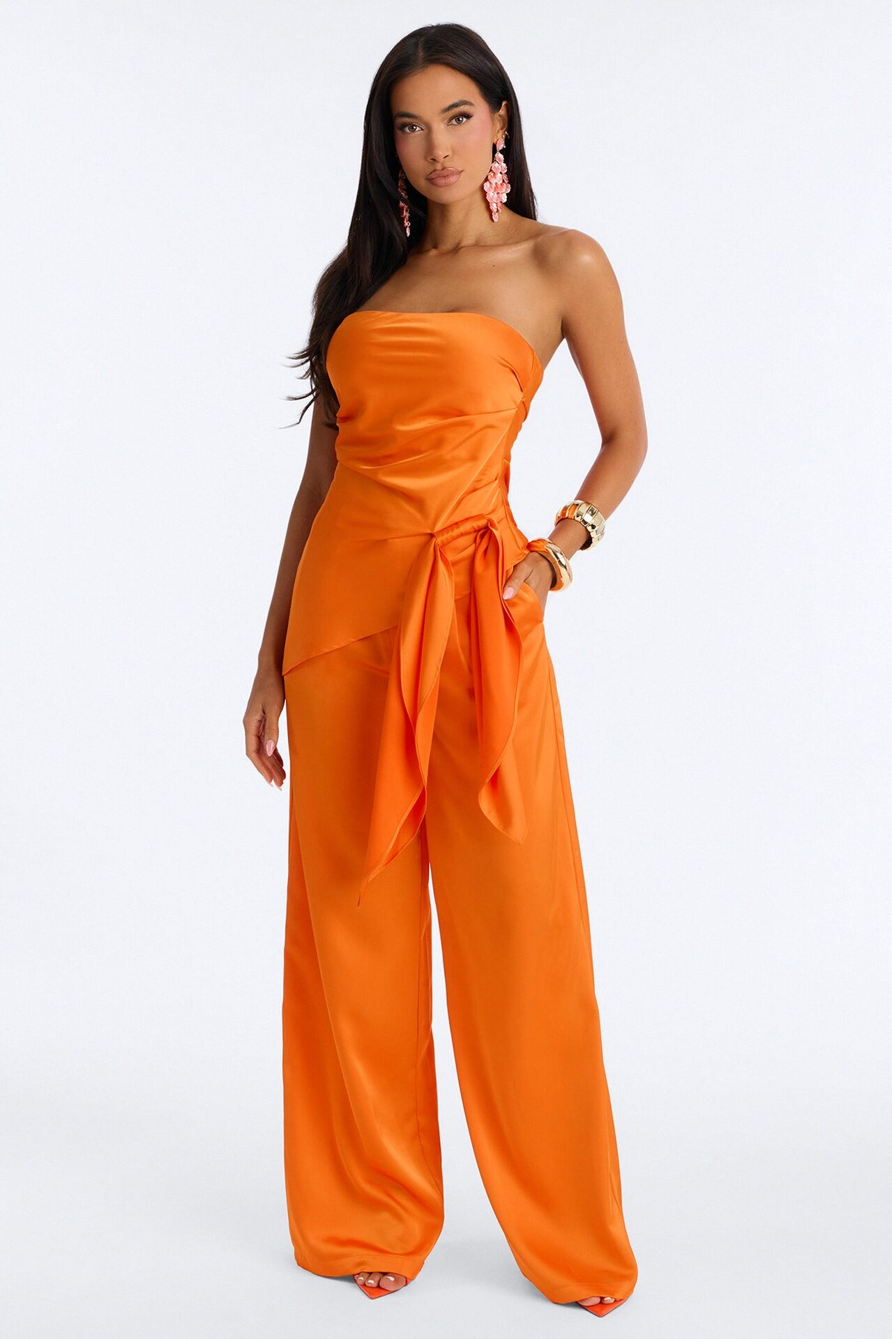 Effortless Strapless Satin Pant Set - Orange