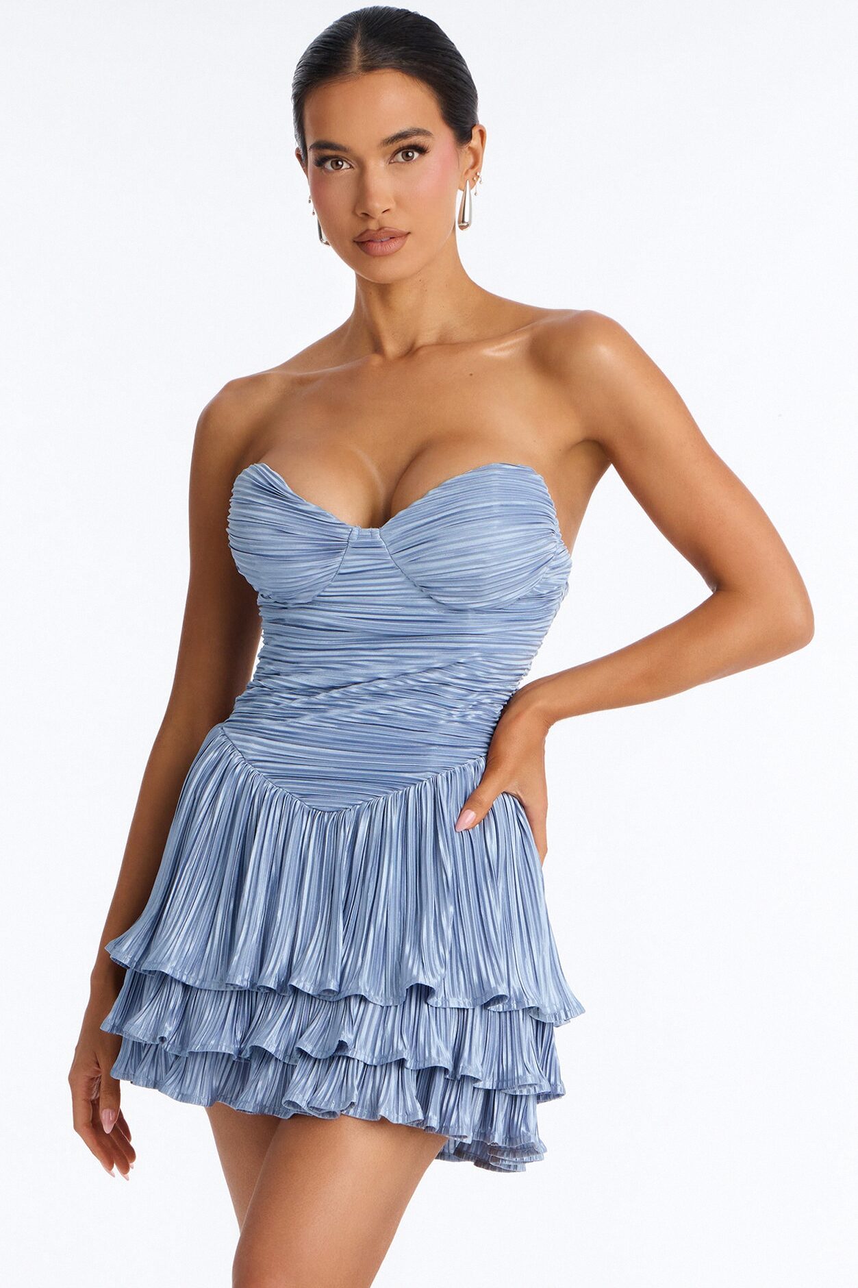 Platinum Pressure Pleated Satin Mini Dress - Blue