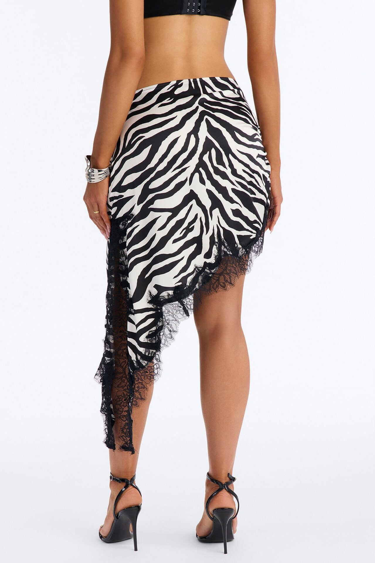 Lost Your Chance Asymmetrical Lace Trim Midi Skirt - Black/White