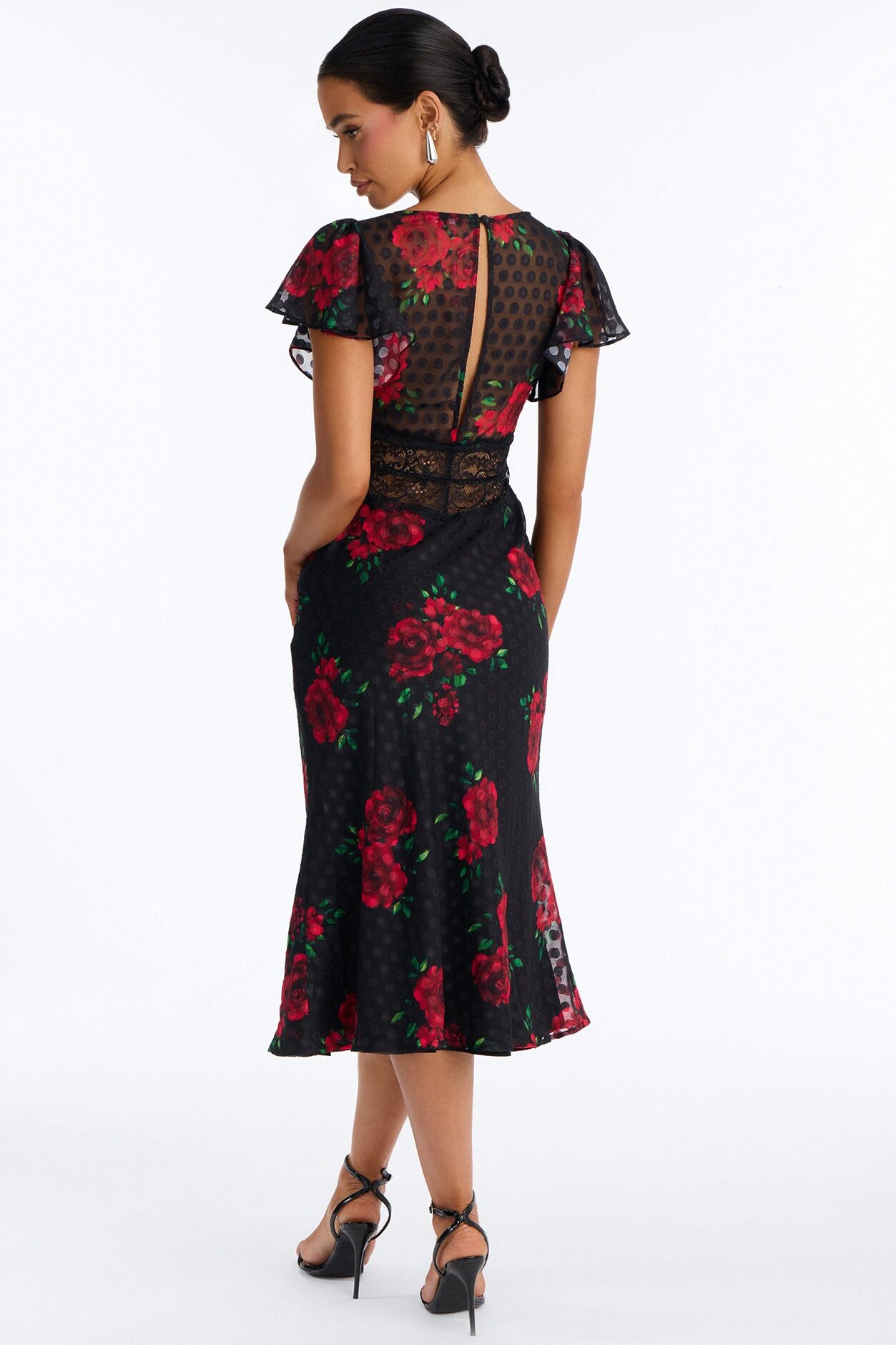 Isabella Floral Polka Dot Chiffon Midi Dress - Black/Red