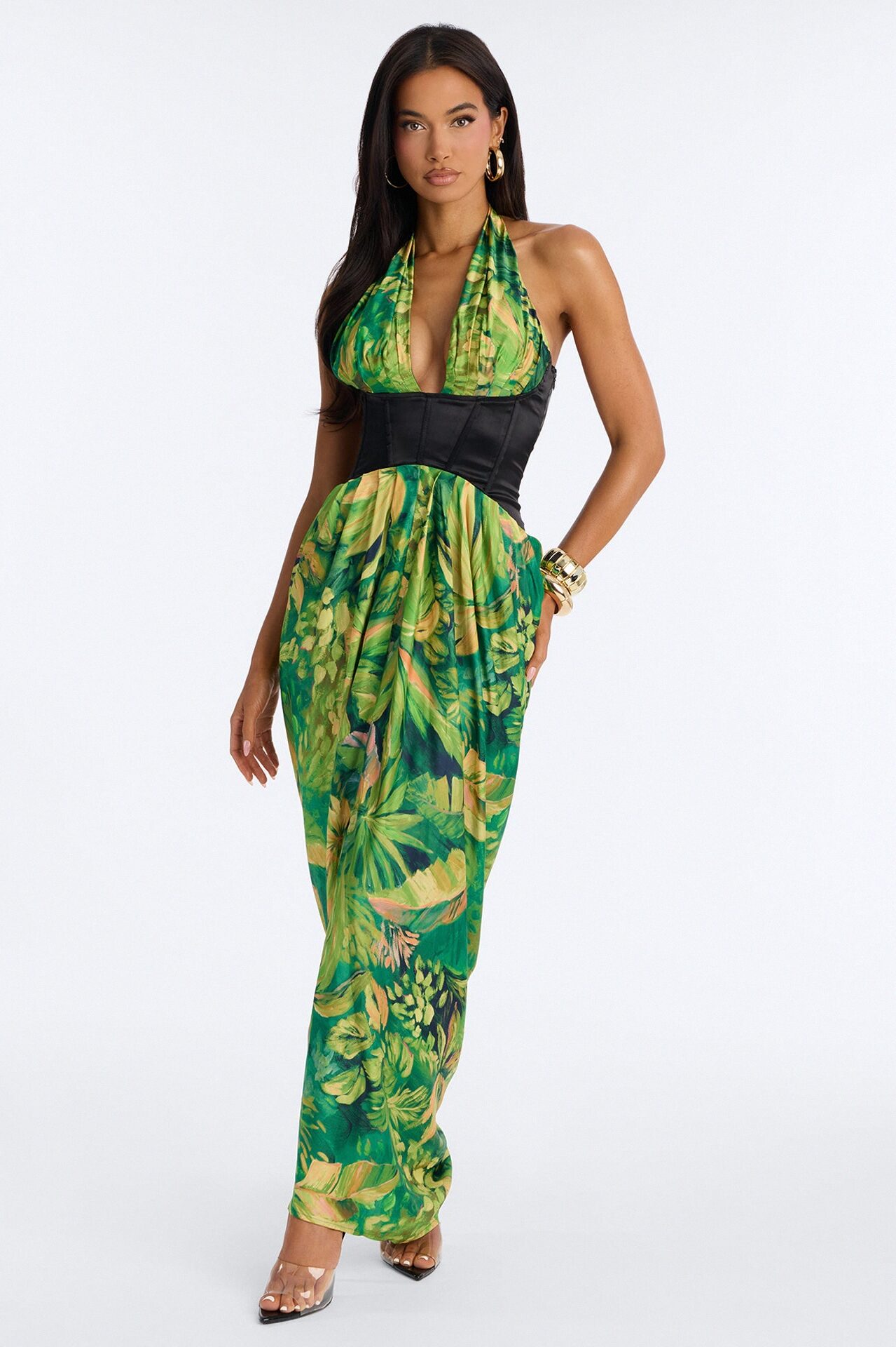 Samara Corset Satin Maxi Dress - Green/combo