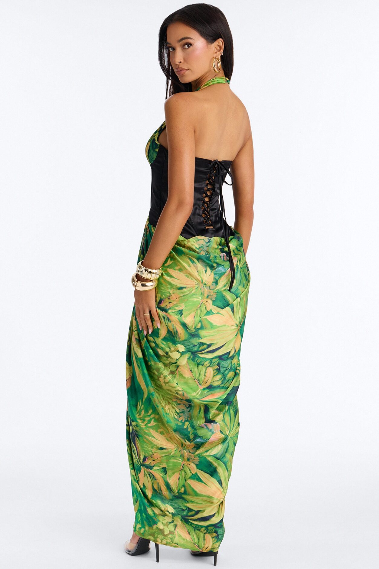Samara Corset Satin Maxi Dress - Green/combo