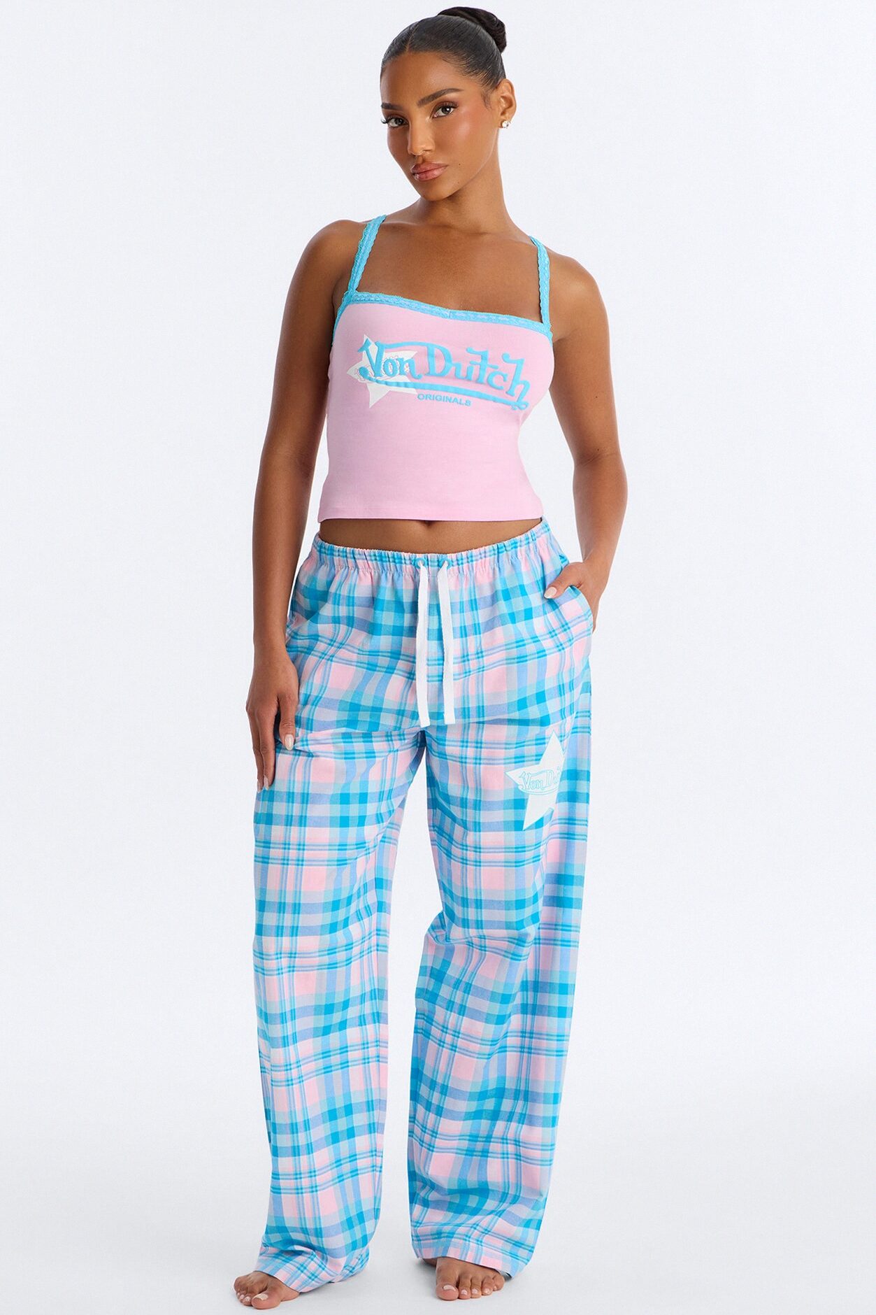 Von Dutch Plaid Star PJ Pant Set - Pink/combo