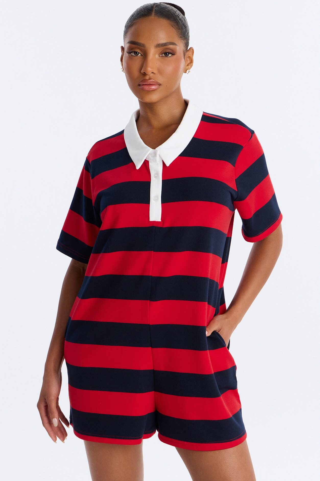 Bailey Striped Polo Romper - Burgundy