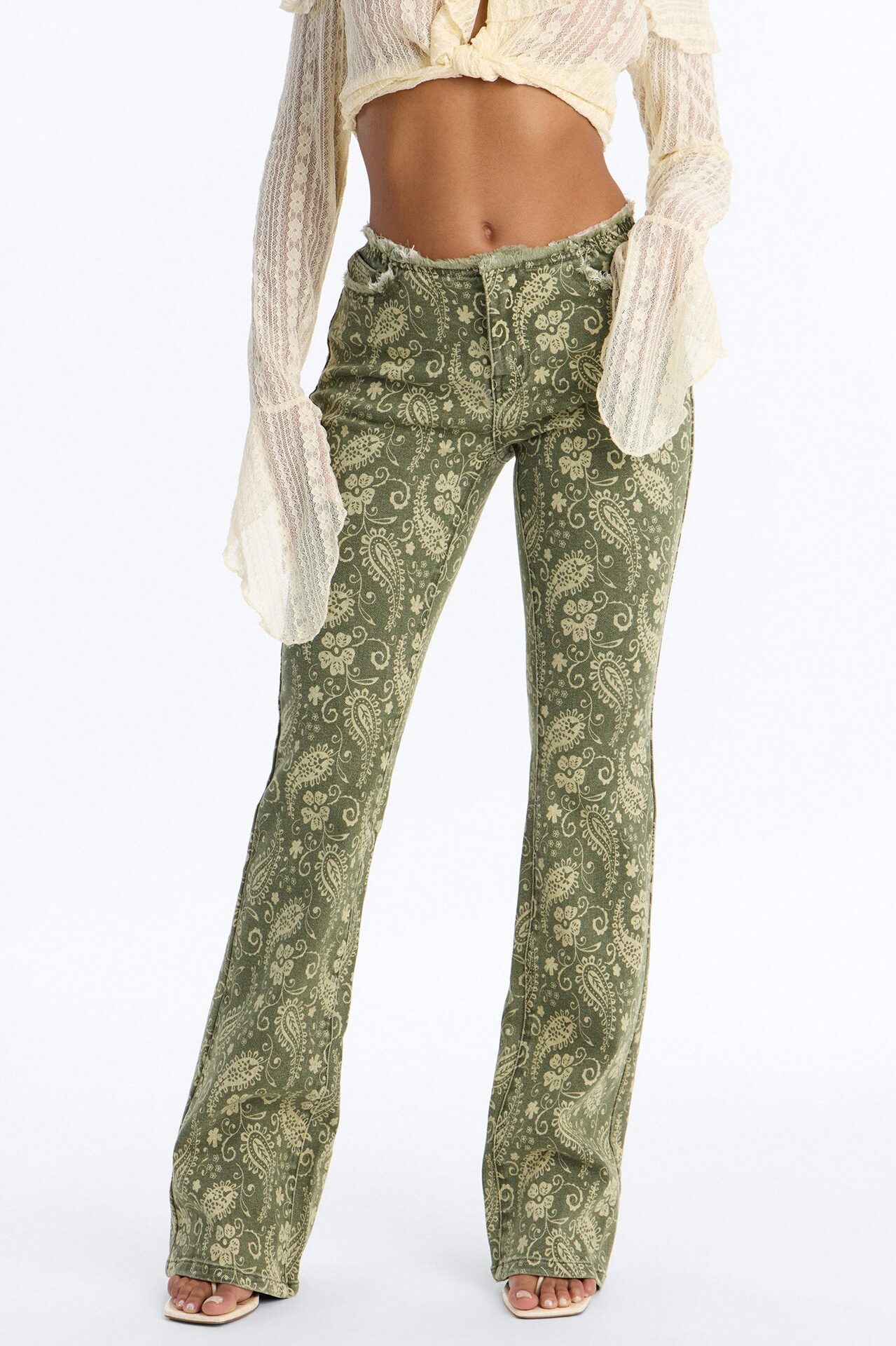 Lazy Paisley Low Rise Printed Jeans - Olive