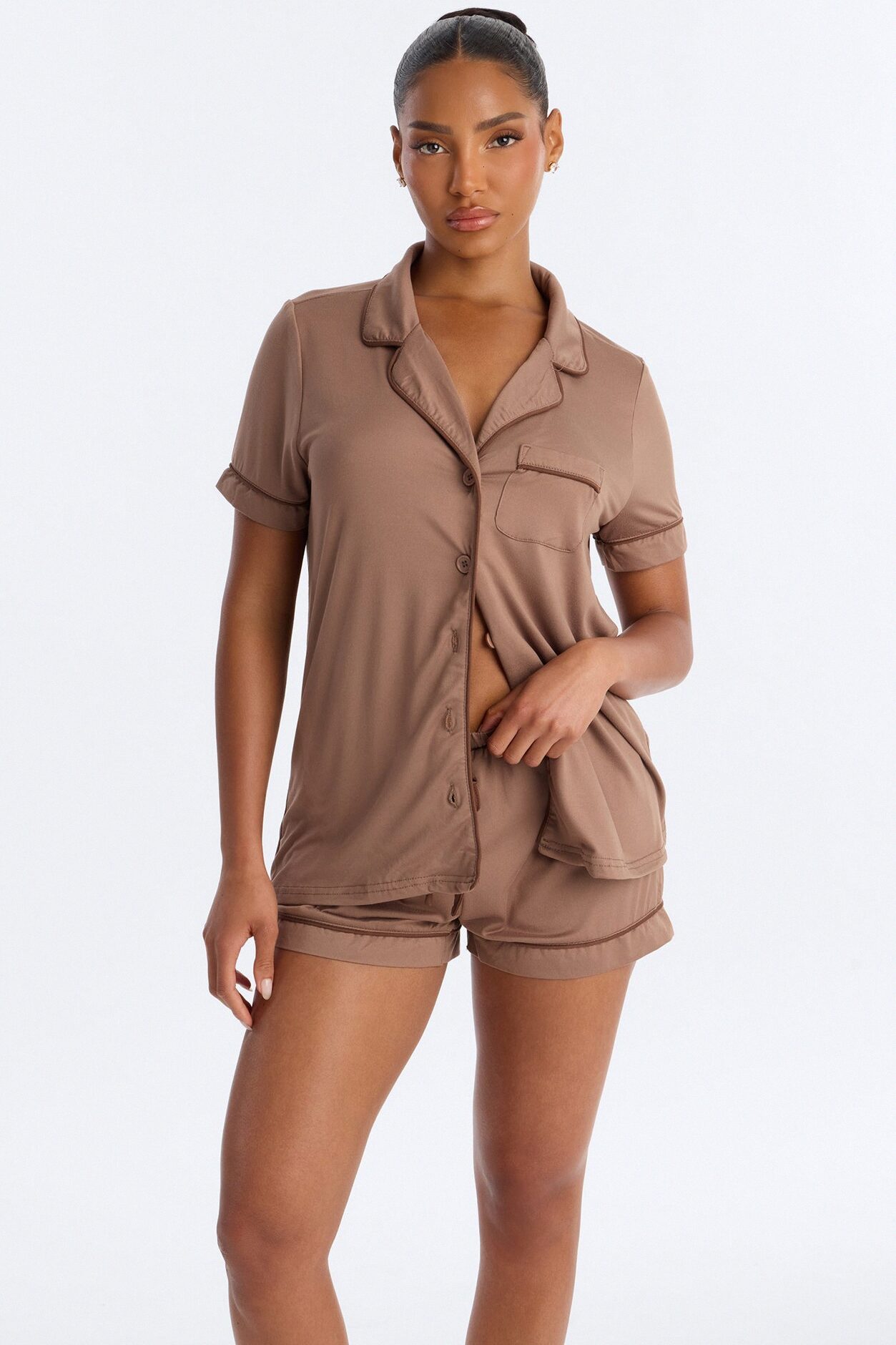 Blush Nights Button Up Short Sleeve PJ Short Set - Brown