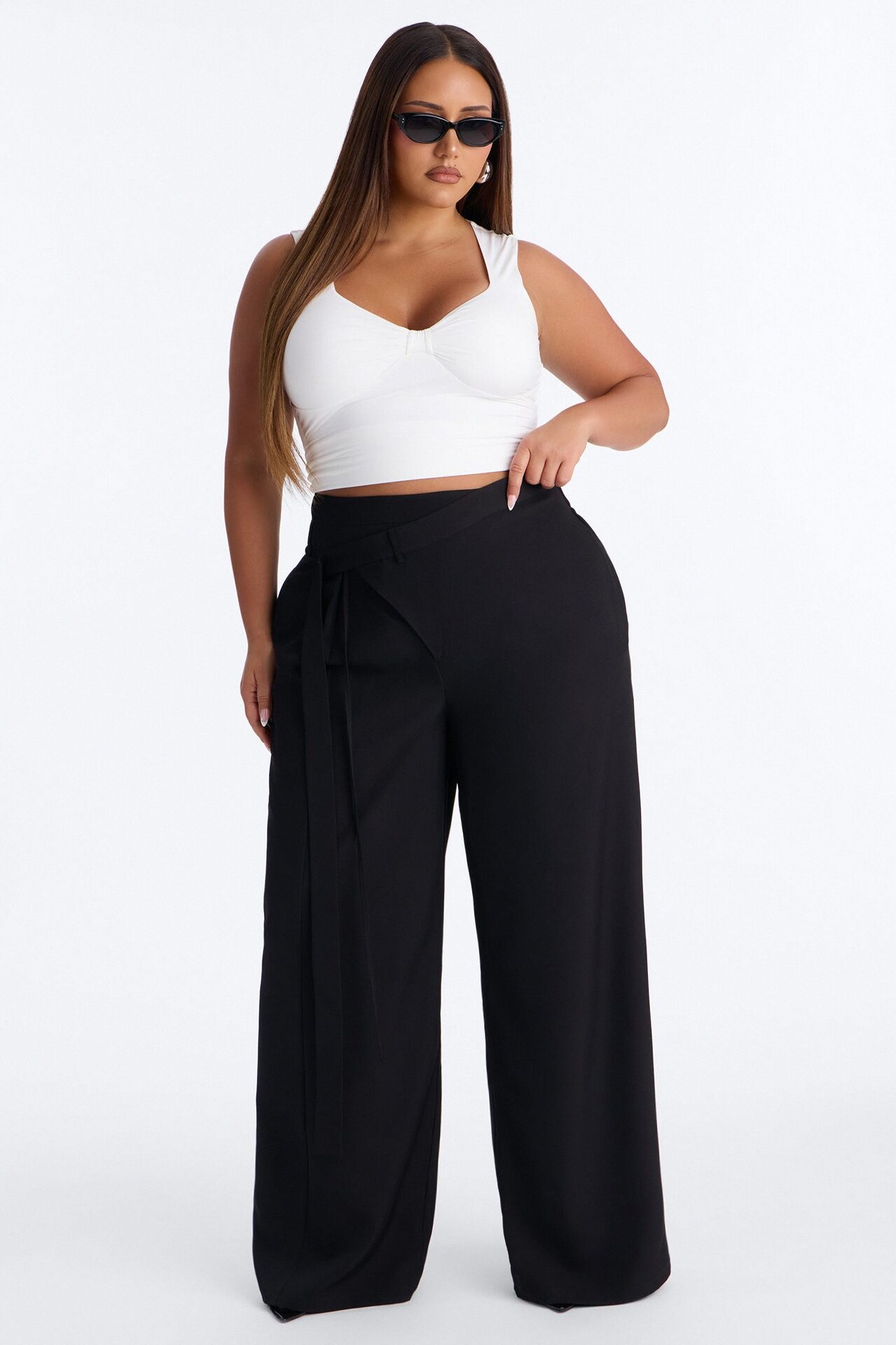 Center of Attention Asymmetrical Waist Wide Leg Trousers - Black