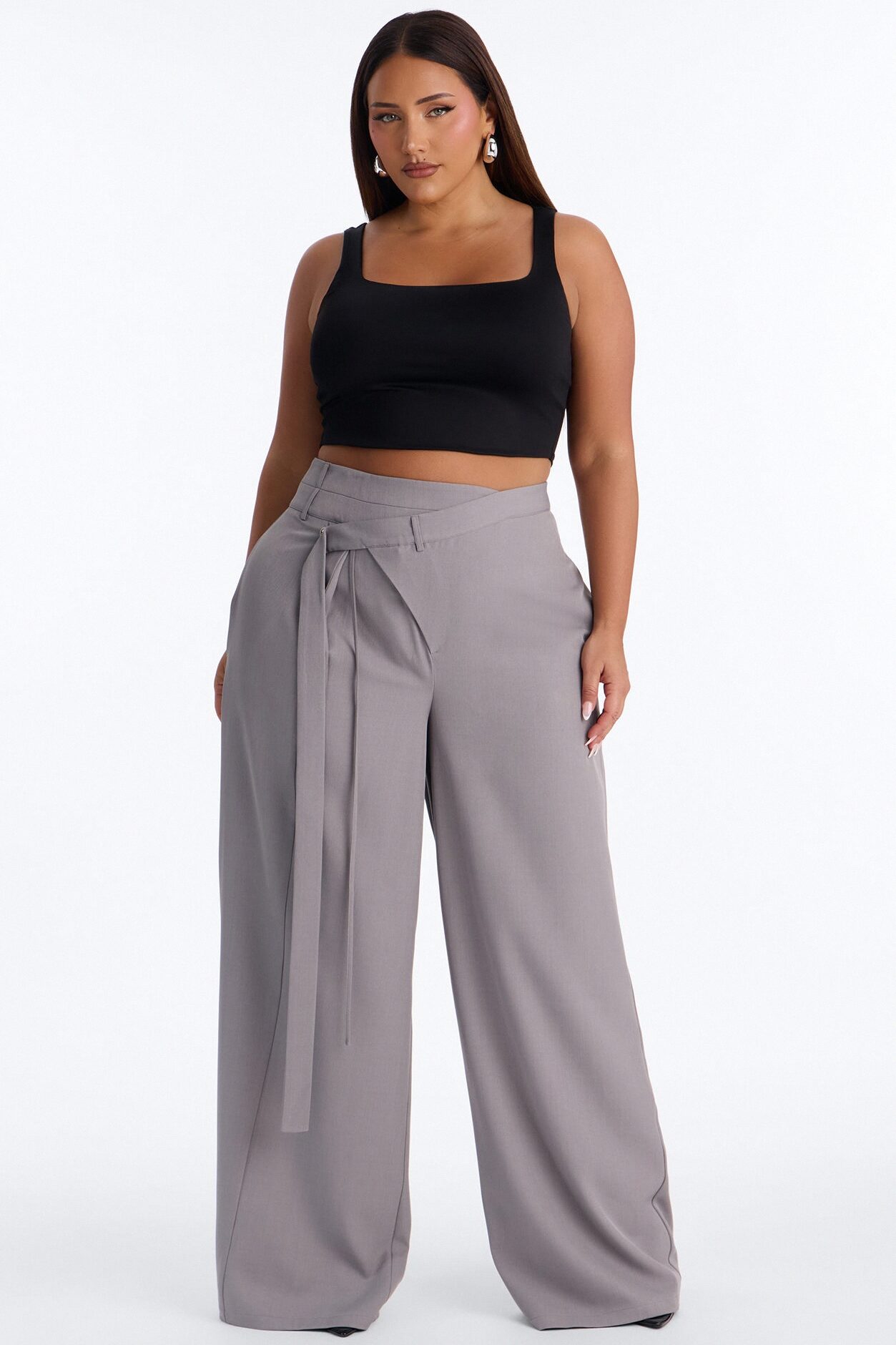 Center of Attention Asymmetrical Waist Wide Leg Trousers - Grey