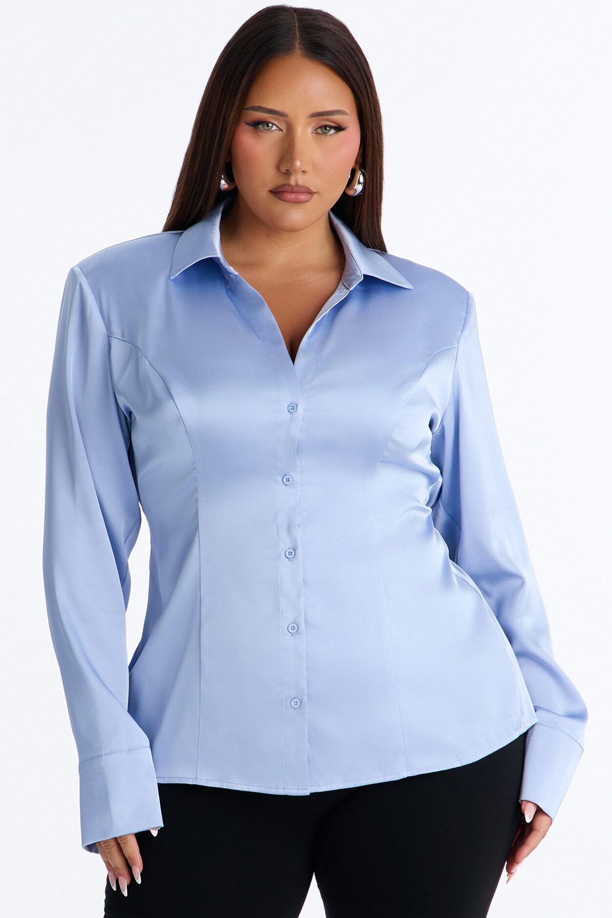 She Sets The Tone Shoulder Pads Satin Shirt - Periwinkle