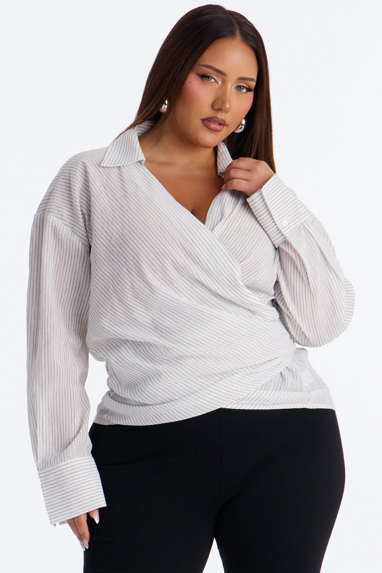 Everyday Mood Tie Waist Pinstripe Linen Blouse - Grey/combo