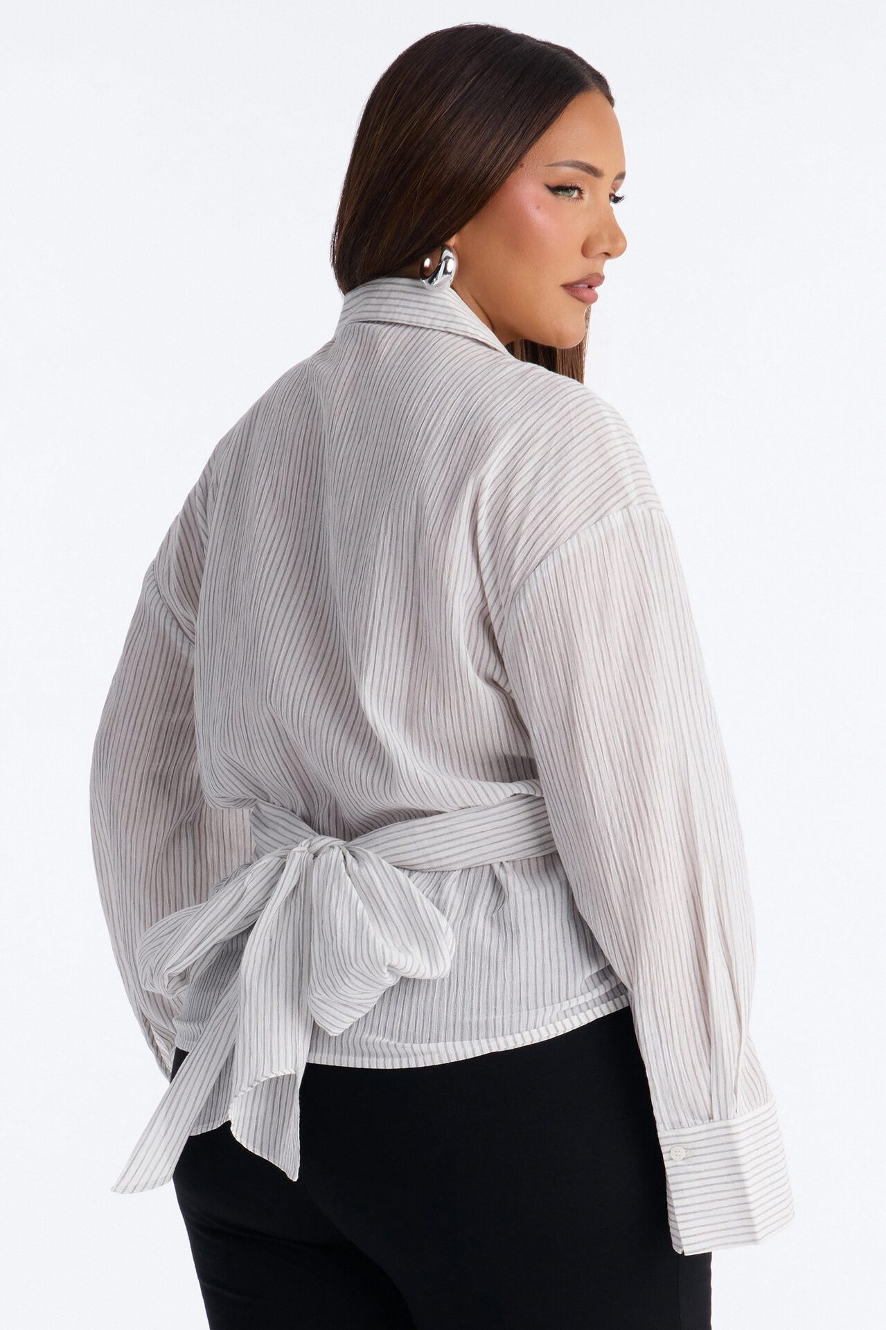 Everyday Mood Tie Waist Pinstripe Linen Blouse - Grey/combo
