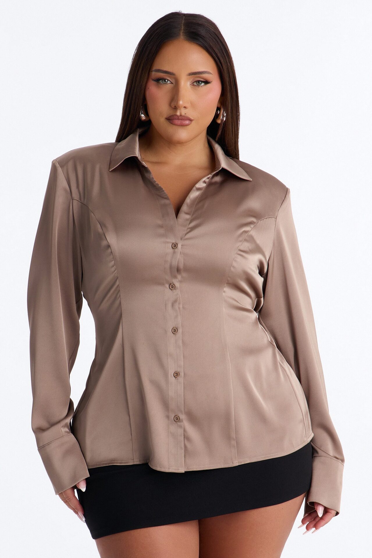 She Sets The Tone Shoulder Pads Satin Shirt - Taupe