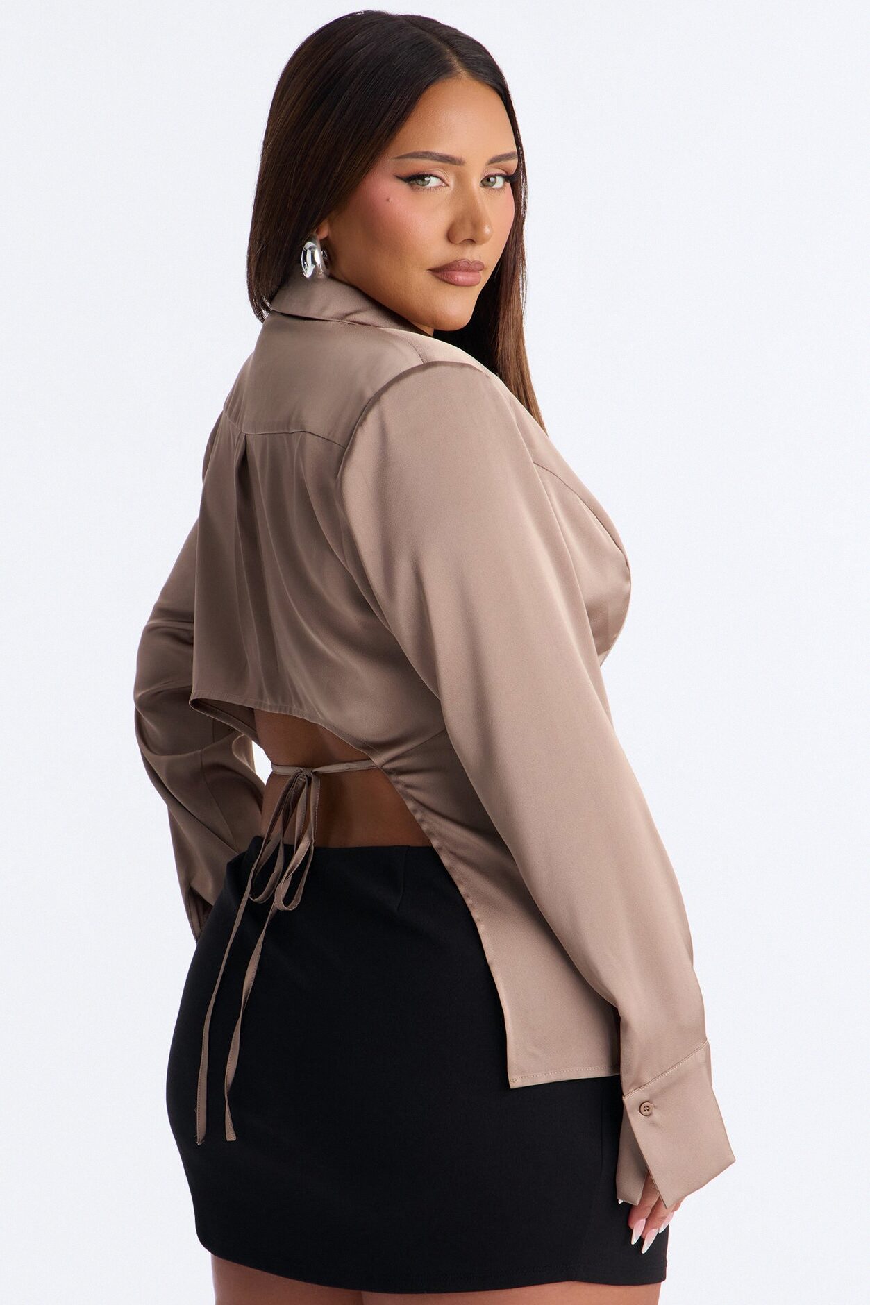 She Sets The Tone Shoulder Pads Satin Shirt - Taupe
