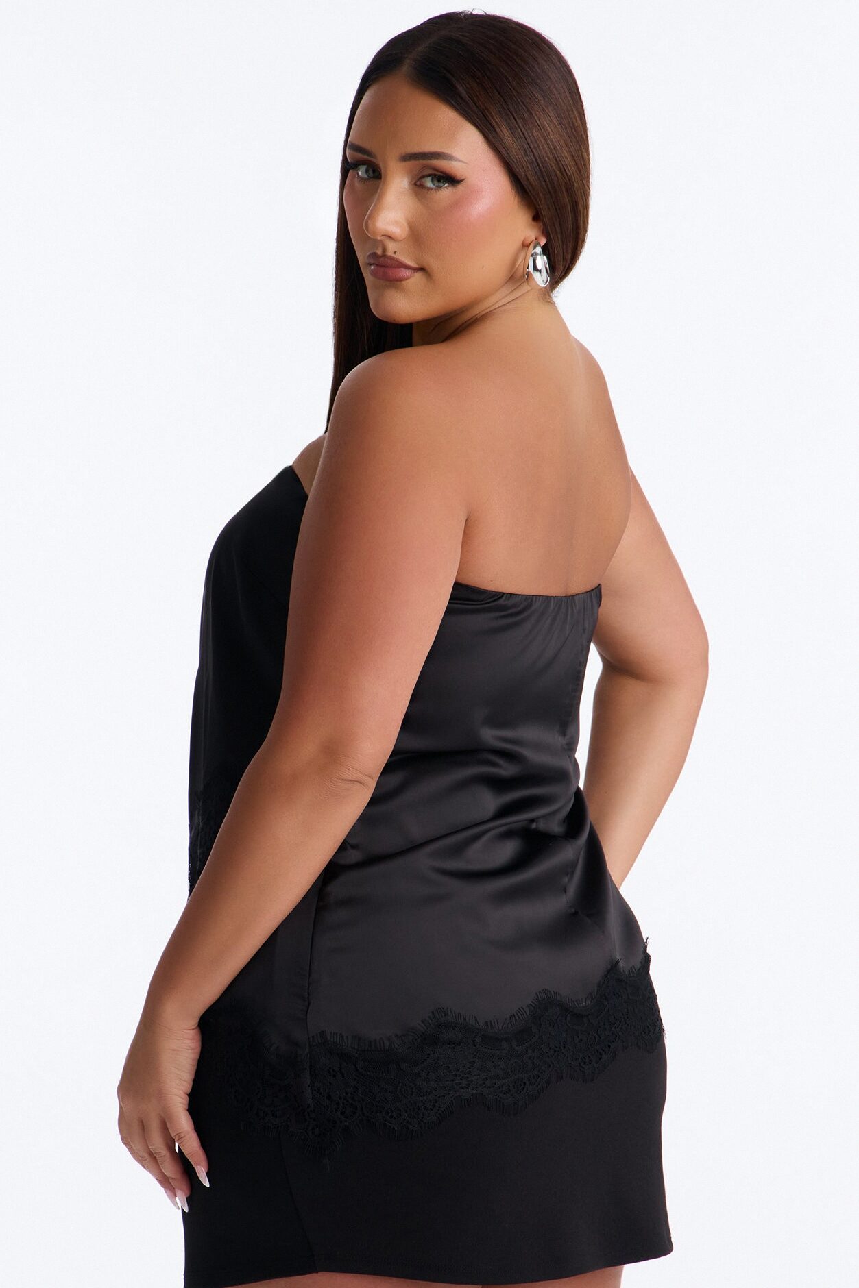 Pretty Poison Lace Trim Satin Tube Top - Black