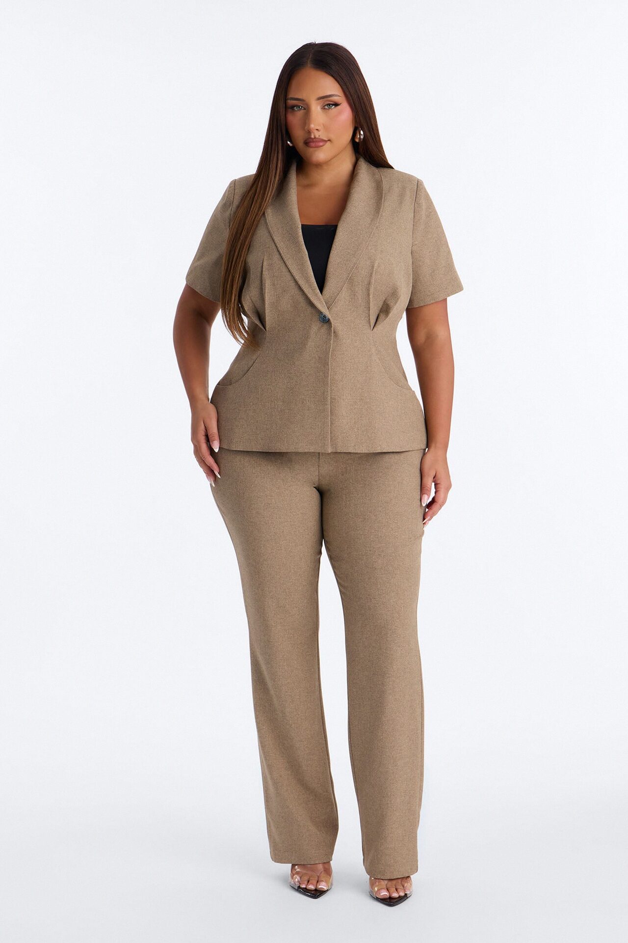 Panthere Short Sleeve Rounded Stand Collar Blazer - Caffe