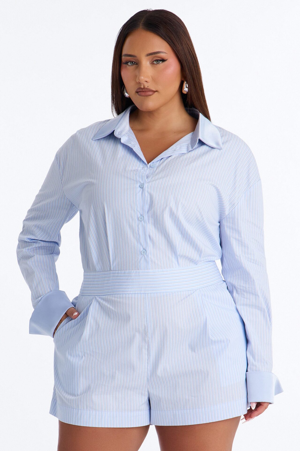 Pia Pinstripe Poplin Romper - Blue