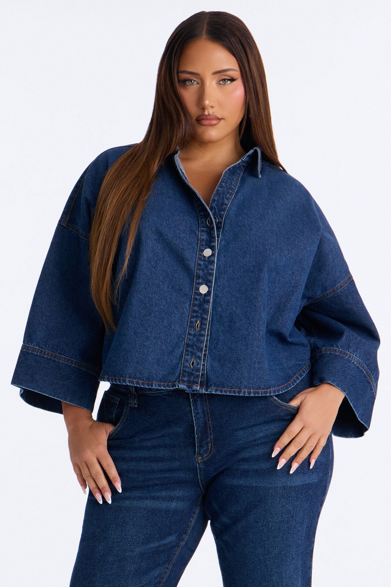 Fit Secured Oversized Denim Shirt - Dark Denim