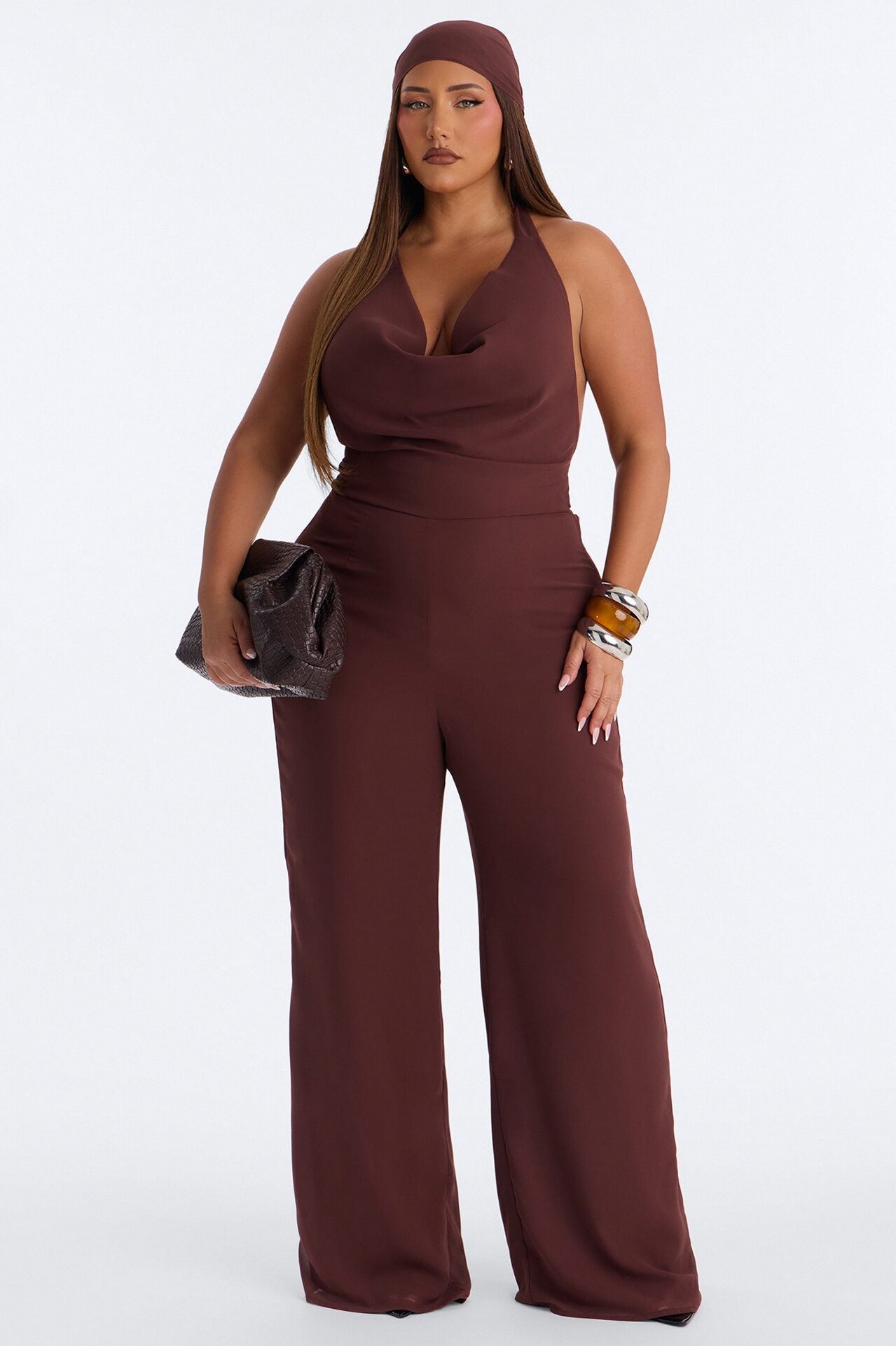 Angelica 2 Piece Chiffon Head Scarf Jumpsuit - Brown