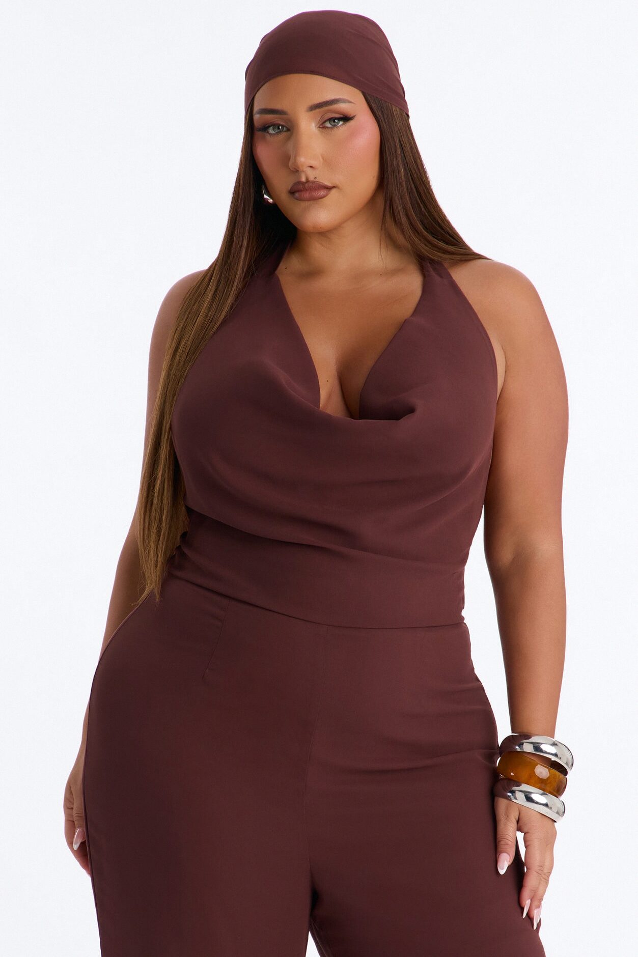 Angelica 2 Piece Chiffon Head Scarf Jumpsuit - Brown