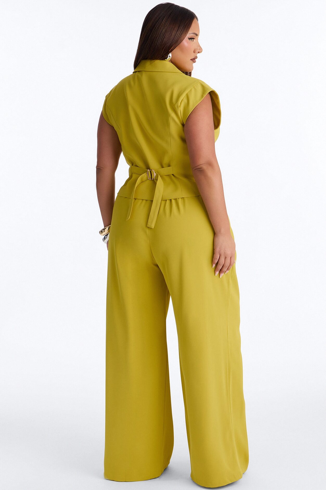 Feeling Polished Cinched Vest Pant Set - Chartreuse