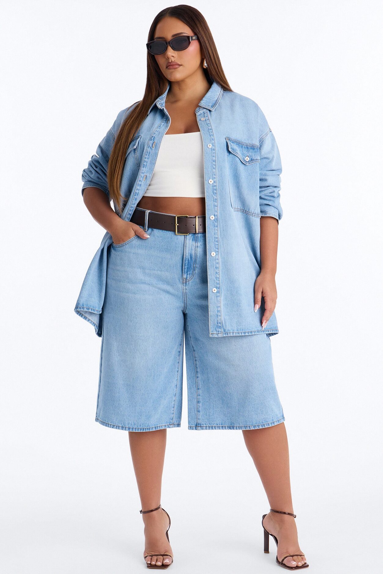 Going Downtown Denim Belted Jort Set - Light Wash